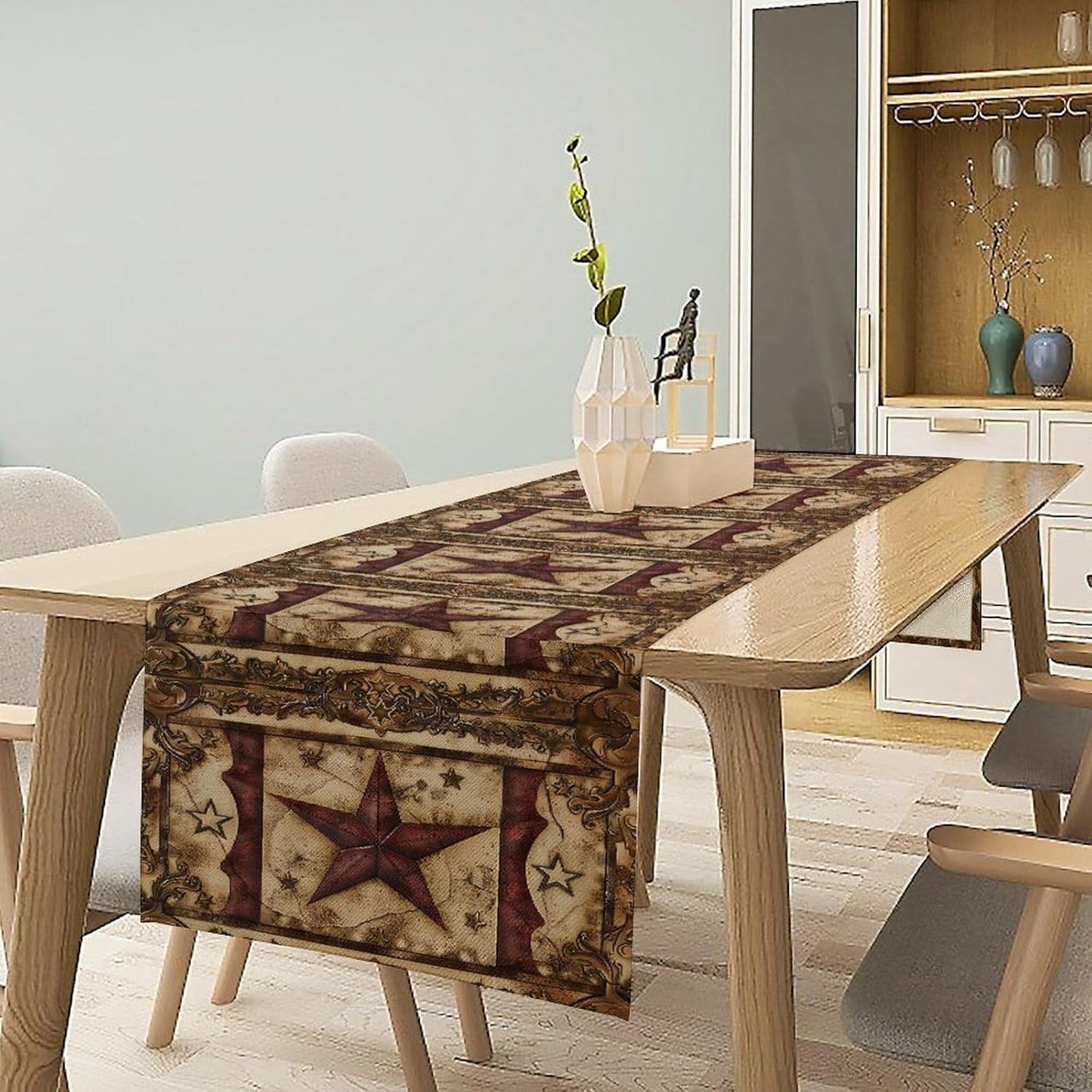 Wild West Table Runner, Rustic Farmhouse Texas Star Vintage Rodeo Cowboy Old Sign Wild West Print Pattern for Home Kitchen Table Decor Dining Coffee Room Garden Party Decor 13x60in