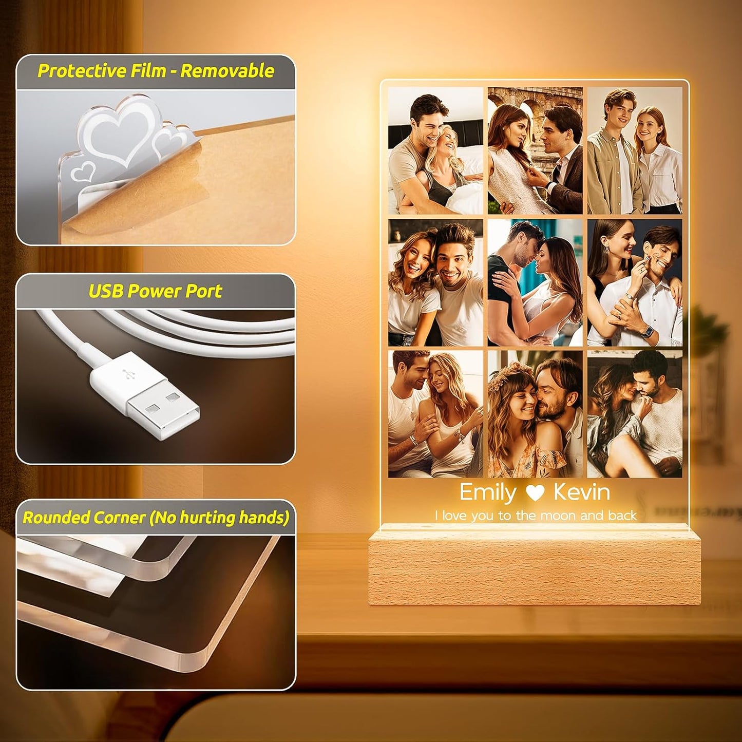 Personalized Picture Frame with Photos, Custom Picture Frames, Personalized Photo Frame with Night Light, Personalized Anniversary Birthday Gifts for Women Men Girlfriend Boyfriend Couples Her Him