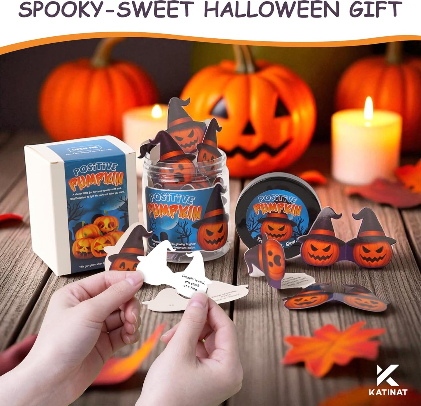 Positive Pumpkin Jar, Affirmation Jar – Halloween Gifts for Kids, Teens, Women – 60 Cute Pumpkin Cards for Emotional Support, Halloween Decor, Trick or Treat Basket Stuffer