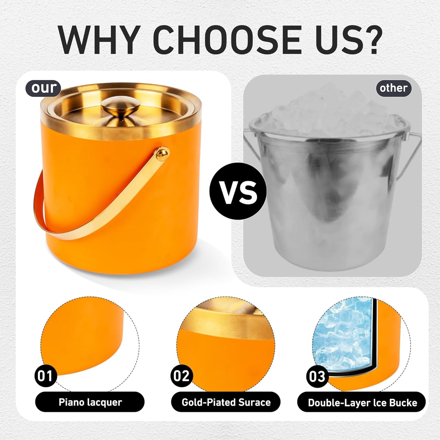 3L Double Wall Insulated Stainless Steel Ice Bucket with Strainer for Cocktail Bar,Metal Ice Bucket for freezer with Lid for parties.ice Container to Keep Ice Colder,bar cart accessories(Orange)