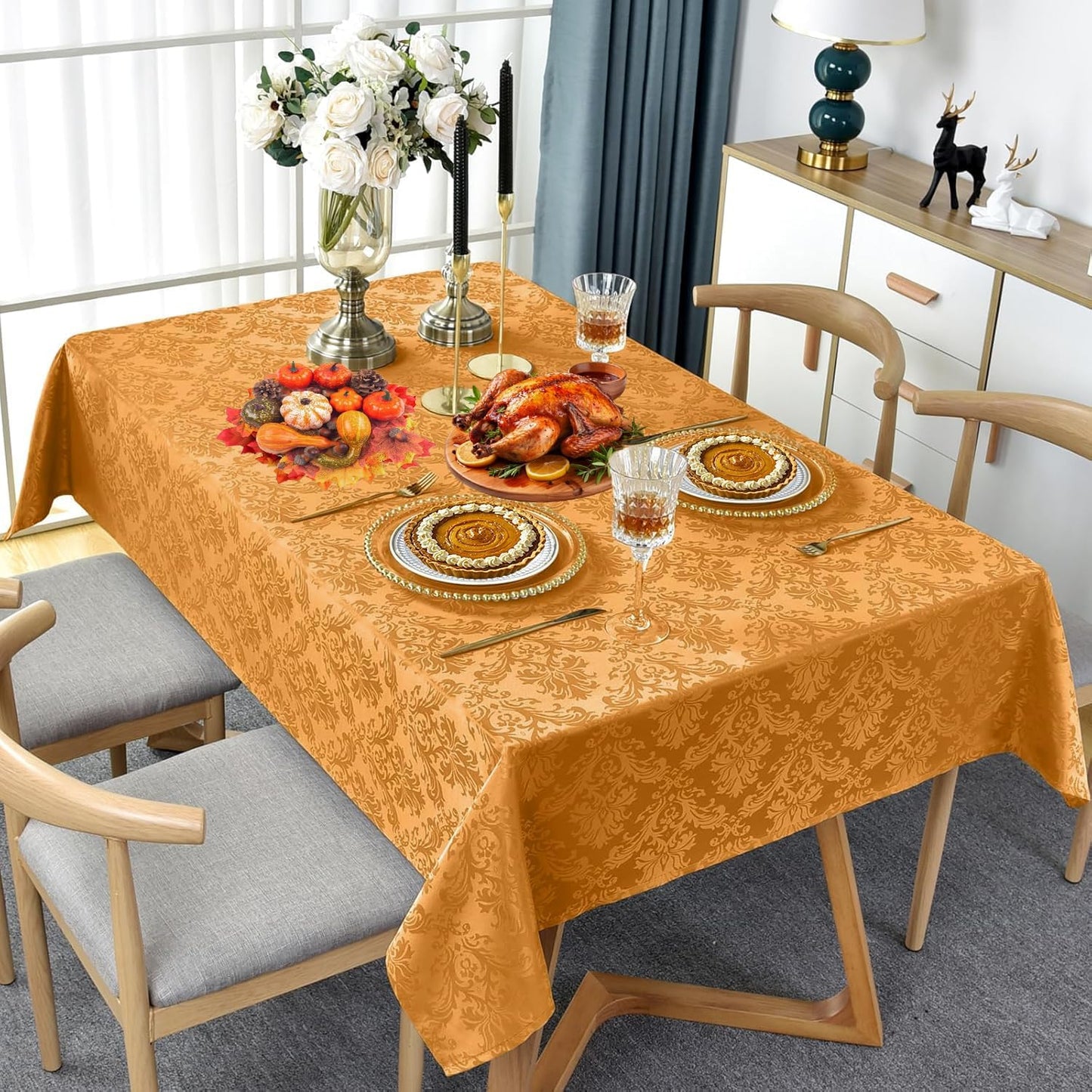 SASTYBALE Amber Rectangle Jacquard Tablecloth, Spill Wrinkle Proof Damask Table Cloth for Rectangle Tables, Rectangular Harvest Fall Inddor Outdoor Tablecloths, 60x 84 Inch Amber
