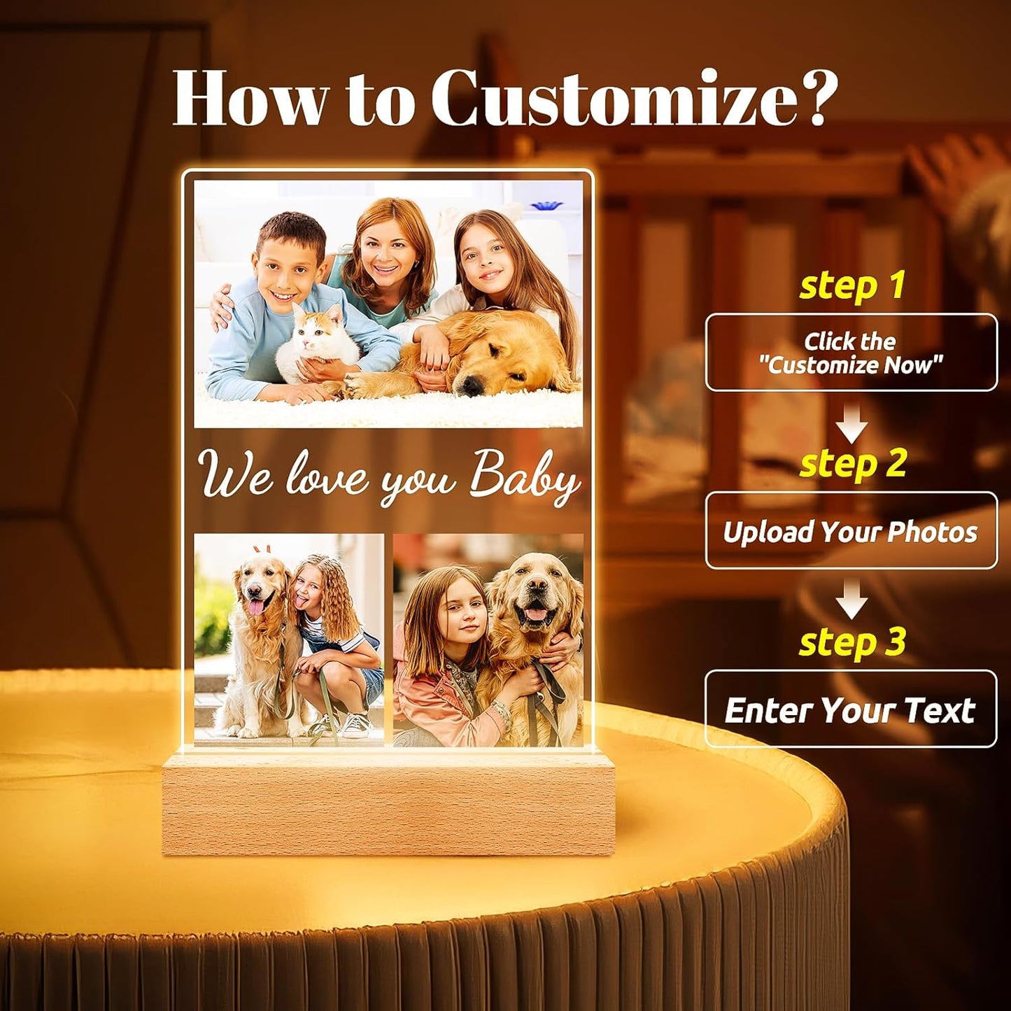Custom Collage Picture Frames with Photos, Personalized Photo Frame with Night Light, Customized Birthday Photo Gifts for Baby Kids Girls Boys Pet Friends Family