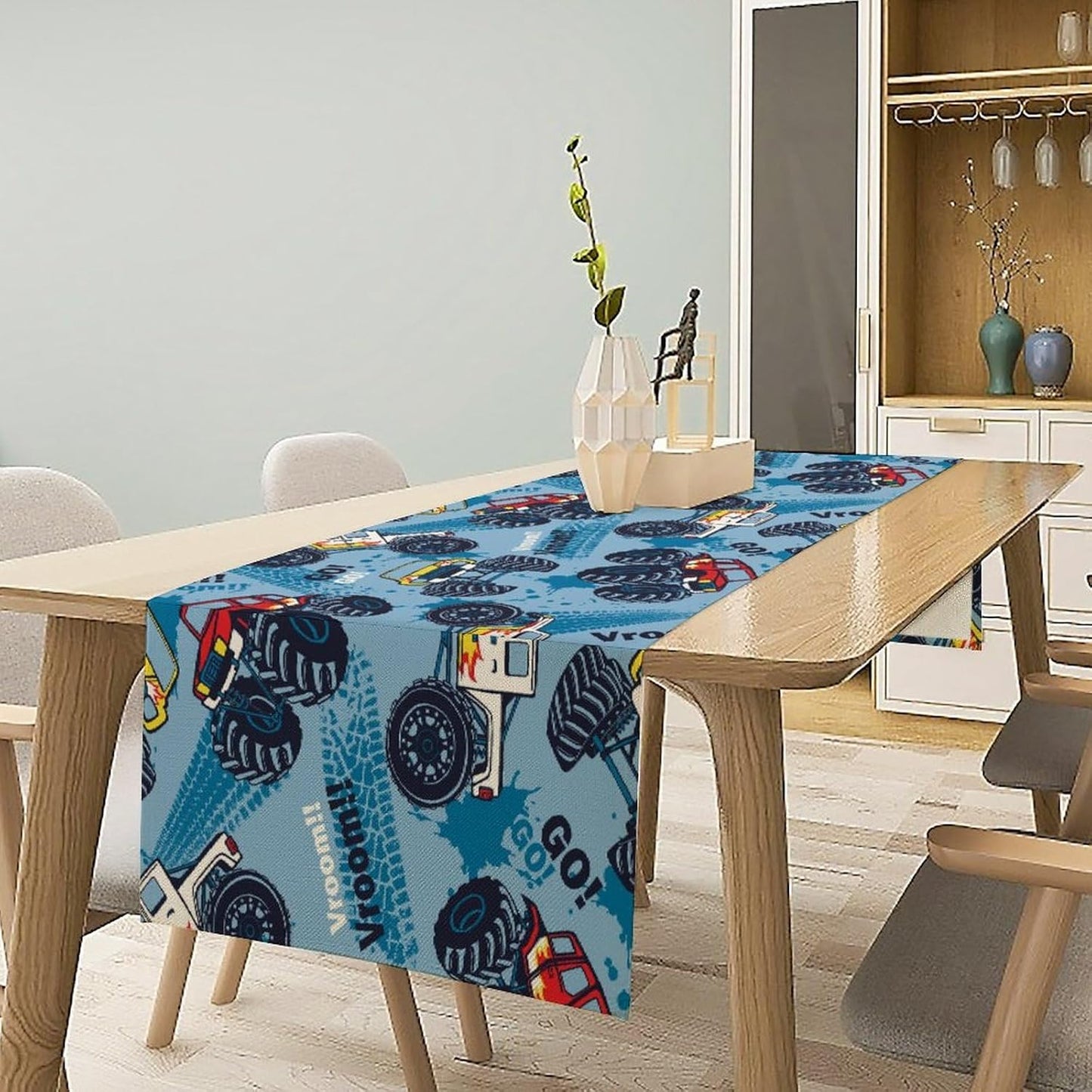 Monster Truck Table Runner,for Kids Boys Cool Colorful Cartoon Blue Cars Pattern Print Tablecloth Burlap for Hotel Indoors Outdoor Dining Room Kitchen Home Decor,W13X L80 in