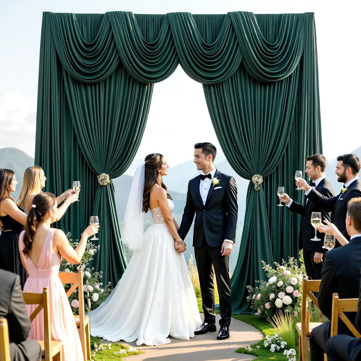 50ftx10ft Wrinkle Free Hunter Green Backdrop Curtains for Party Background, 10 Panels Silky Fabric Green Photo Backdrop Drapes Back Drop Cloth for Wedding Birthday Photography Baby Shower Decor