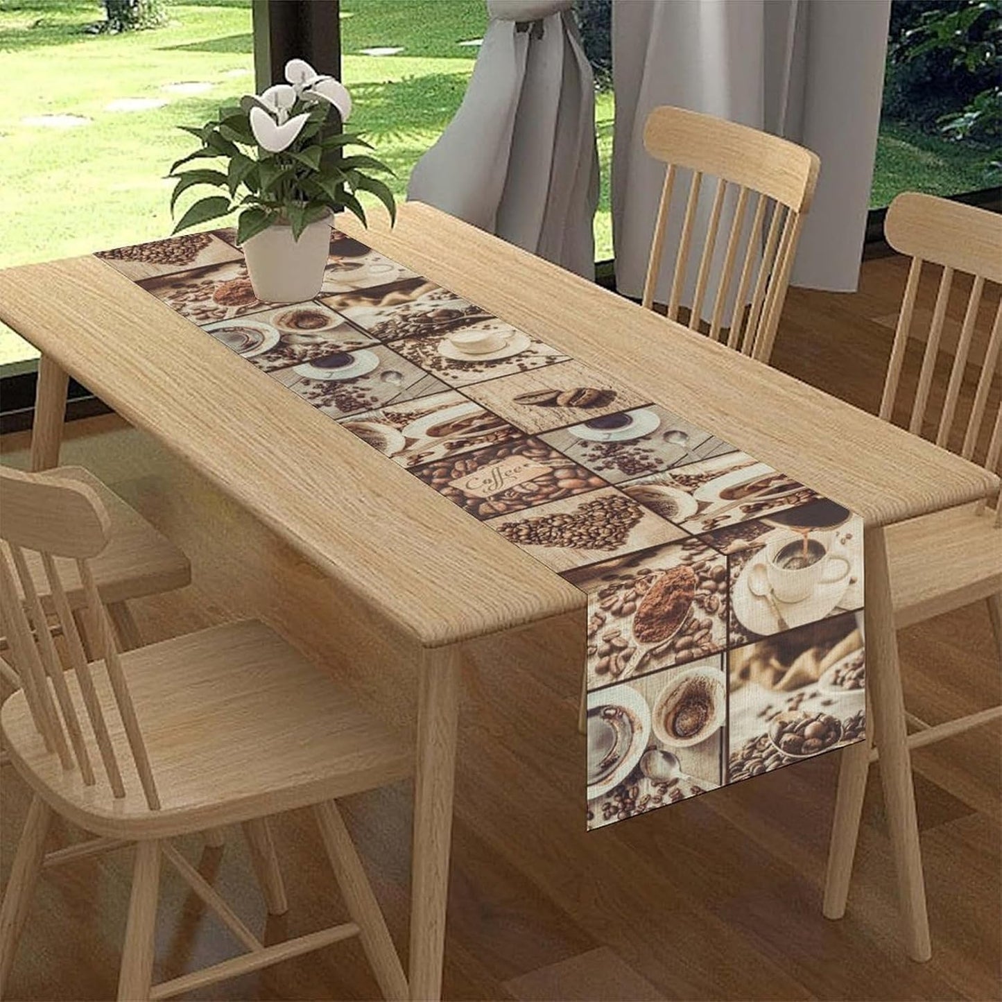 Coffee Theme Table Runner, Rustic Farmhouse Coffee Cup Latte Cappuccino Tea Party Cafe Table Center Decor for Home Kitchen Dining Patio Holiday Party Indoor Outdoor Table Decorations, 13"x36" Inch