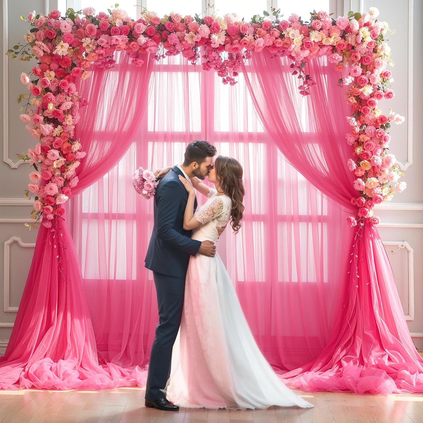 Hot Pink Tulle Backdrop Curtain for Parties 10ft x 10ft Fuchsia Sheer Backdrop Curtains for Baby Shower Birthday Wedding Bridal Shower Photo Shoot Photography Background Decoration 2 Panels 5ft x 10ft