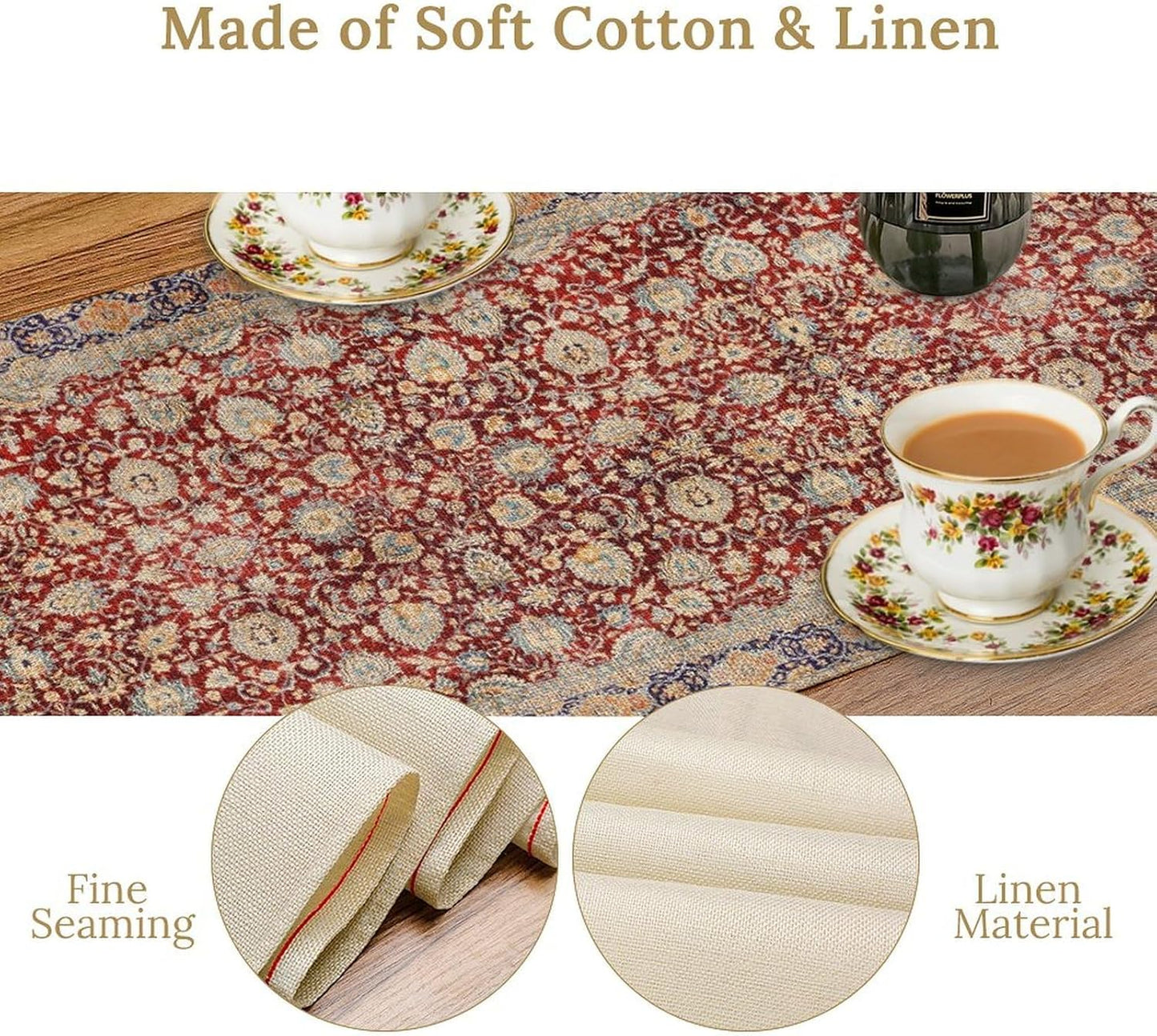 Boho Bohemia Style Table Runner, Vintage Red Blue Retro Flower Rustic Country Style Floral Print Pattern for Home Kitchen Table Decor Dining Coffee Room Garden Party Decor 13x90in