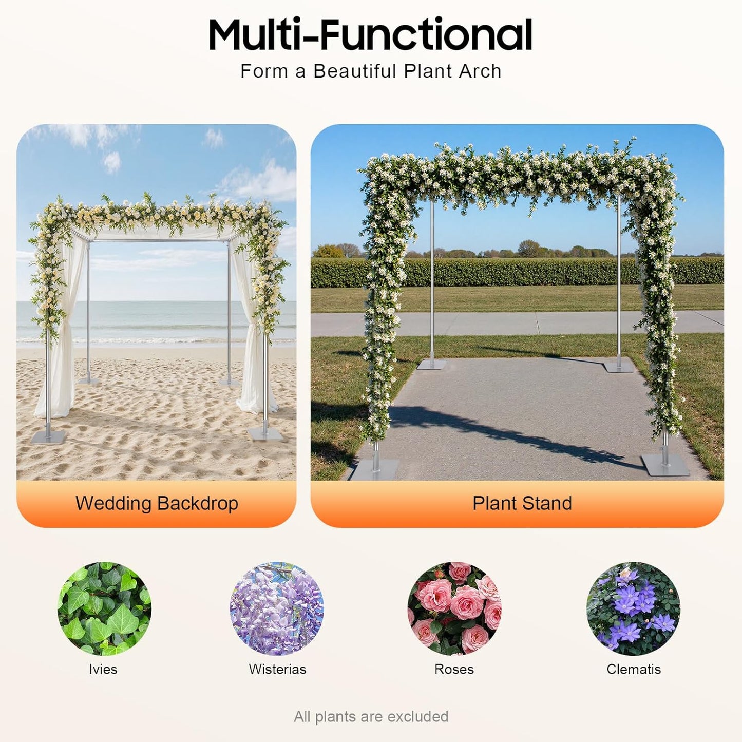 Wedding Backdrop Stand 4 Post,5ft~10 ft Adjustable Wedding Hardware Kit Chuppah Canopy Detachable Metal Background Frame Photo Booth for Party Wedding Ceremony Event