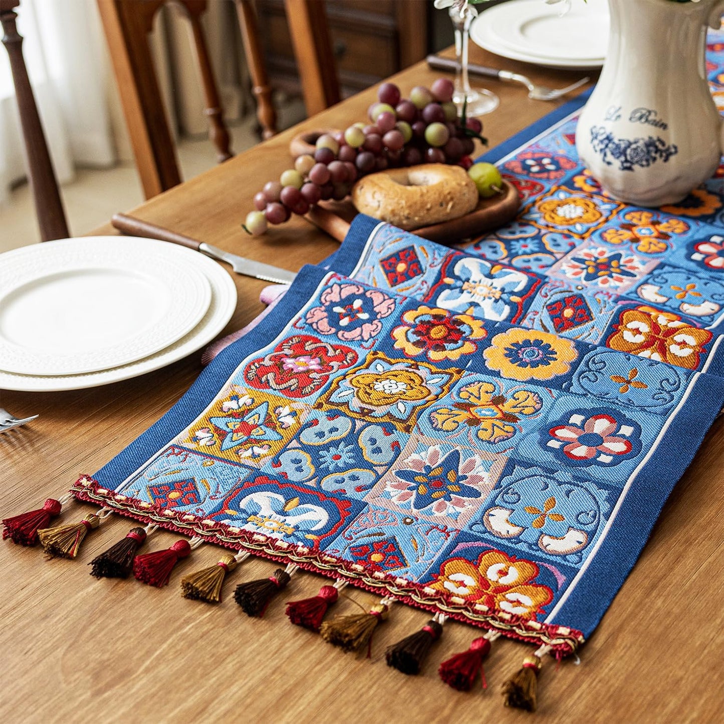 13×72 Inch Table Runner, Retro-Luxury Tassels Series for Kitchen Dining Table Holiday Decoration (Ethnic Blue)
