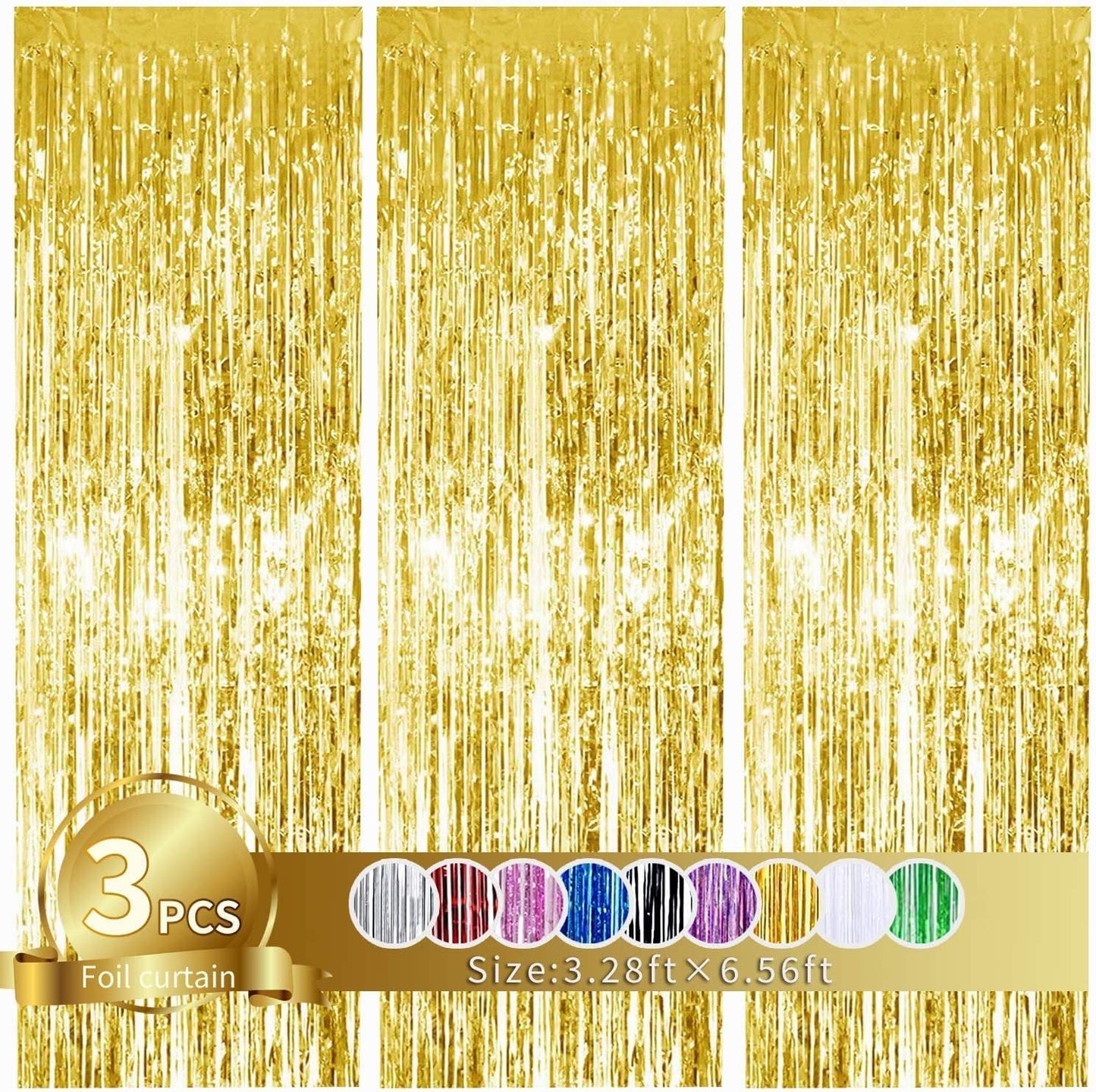 3Pcs Gold Metallic Tinsel Foil Fringe Curtains,3.28ft x 6.56ft Gold Photo Booth Backdrop Streamer Curtain,Photo Booth Props,Ideal Bachelorette Party Supplies, Birthday, Christmas,New Year Decorations