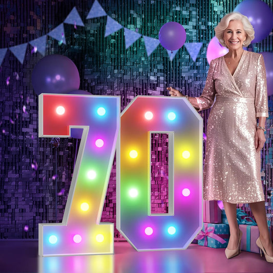 Marquee Numbers 70th-Birthday Decoration: Colorful 3FT Large Light Up 70 Year Old Birthday Decorations Anniversary Backdrop for Boys Girls Cardboard Sign 18 Colors Number 70 Mosaic Balloon Frame