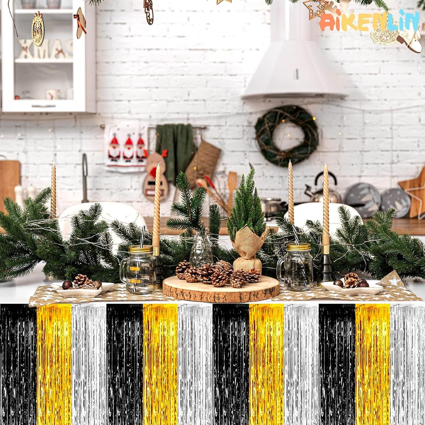 6 Pack 29x108 Inch Metallic Foil Fringe Tinsel Table Skirts Banner for Rectangle Tables Streamer Garland for Birthday, Parade Floats, Valentine's Day Party Decoration(Black Gold Silver)