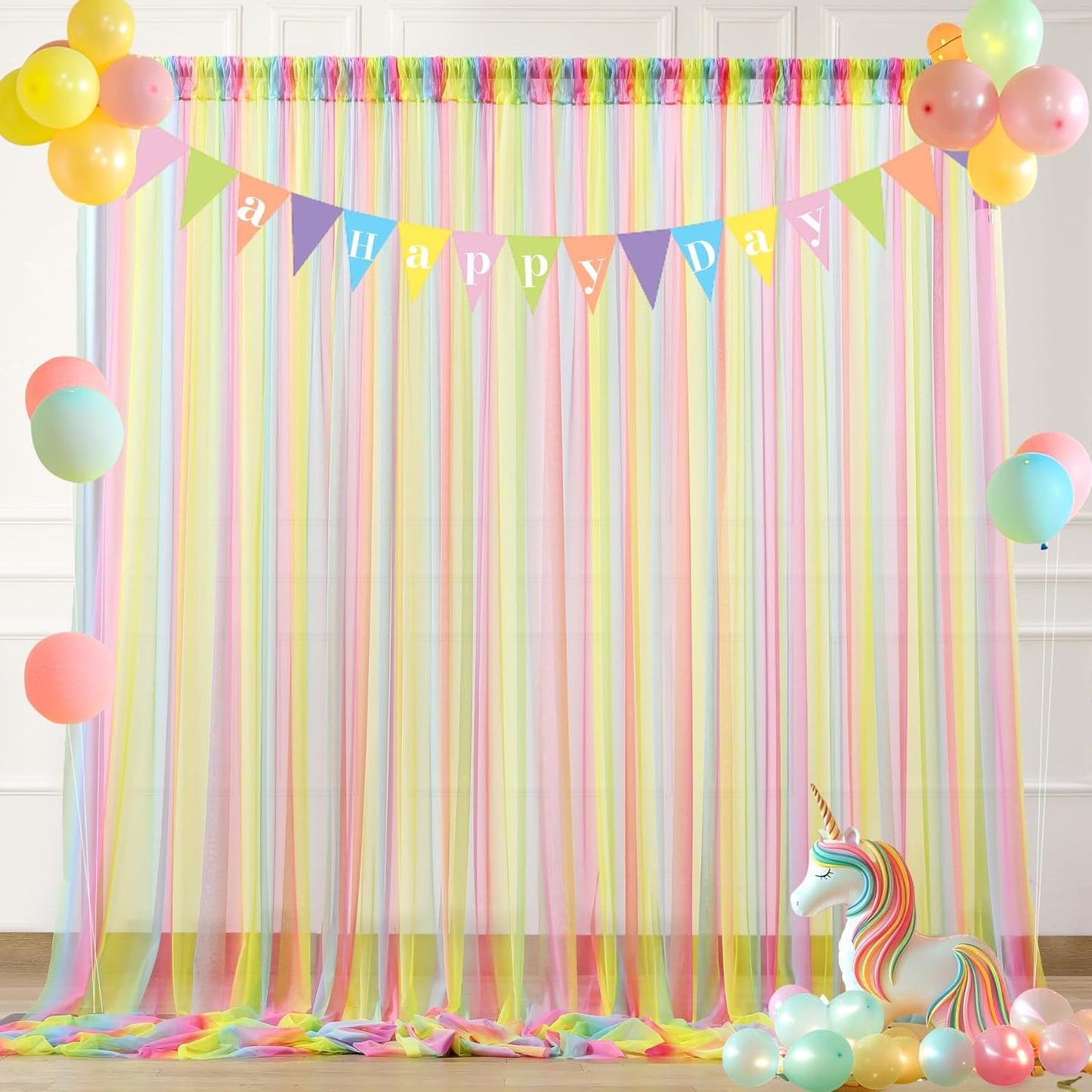 Rainbow Tulle Backdrop Curtain for Birthday Party Decorations 10ft x 10ft Sheer Backdrop Curtains for Unicorn Birthday Baby Shower Girls Photo Shoot Decorations 2 Panels 5ft x 10ft