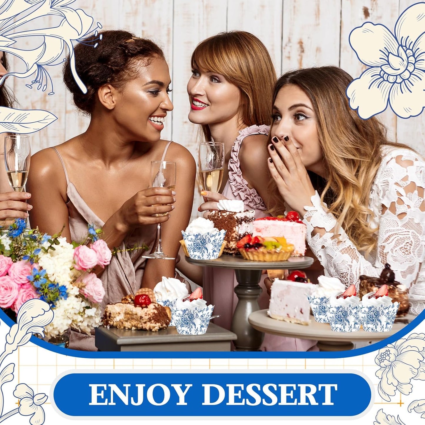 Domensi 100 Pcs Blue Floral Cupcake Wrappers Rustic Cupcake Liners Baking Cups Baking Liners for Wedding Bridal Baby Shower Birthday Party Supplies Dessert Decoration, Blue