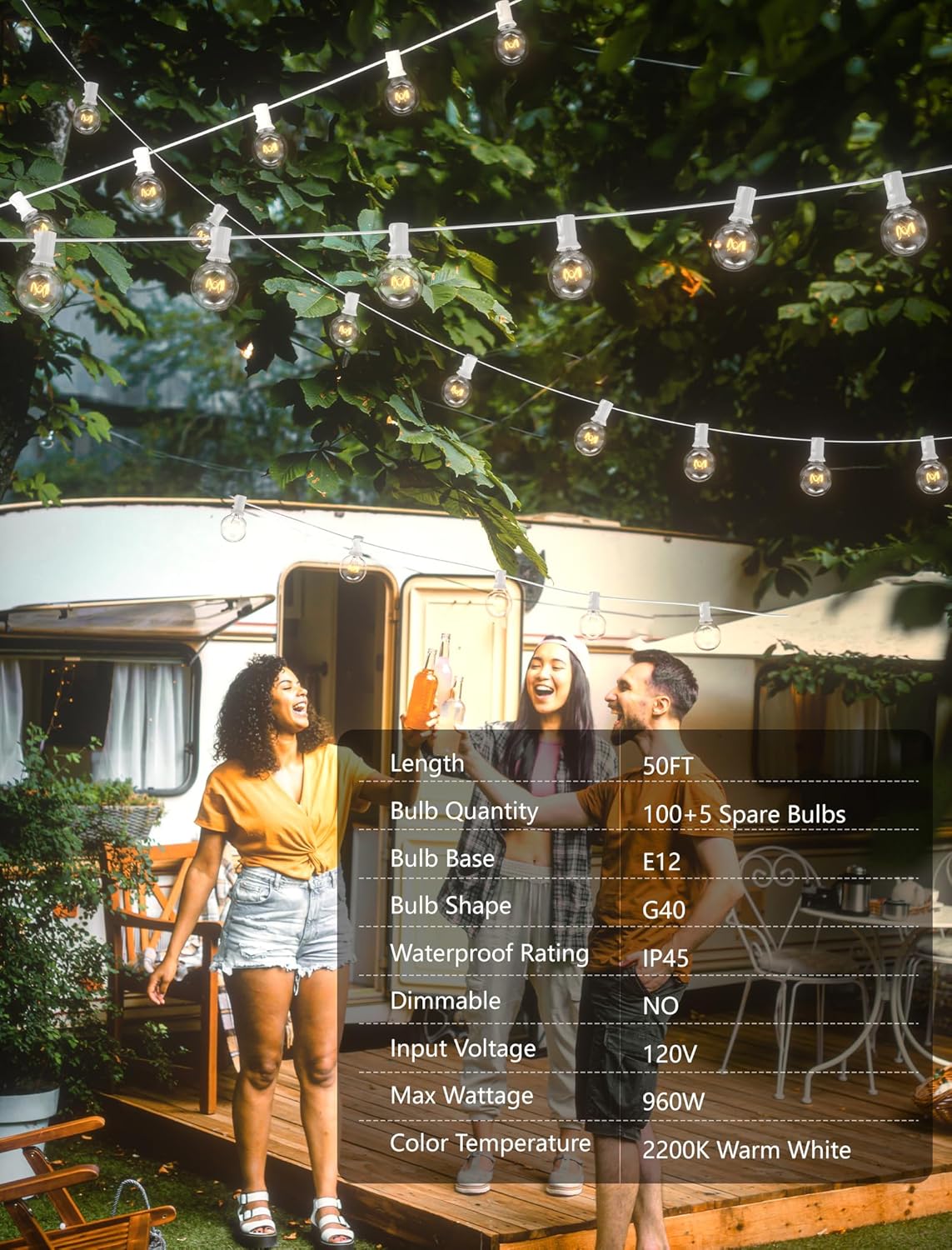 SUNSGNE 100Ft Patio String Lights, G40 Outdoor String Lights with 105 Clear Globe Edison Bulbs(5 Spare), 5 Watt Globe Bulb String Light for Indoor Outdoor Commercial Decor, White Wire