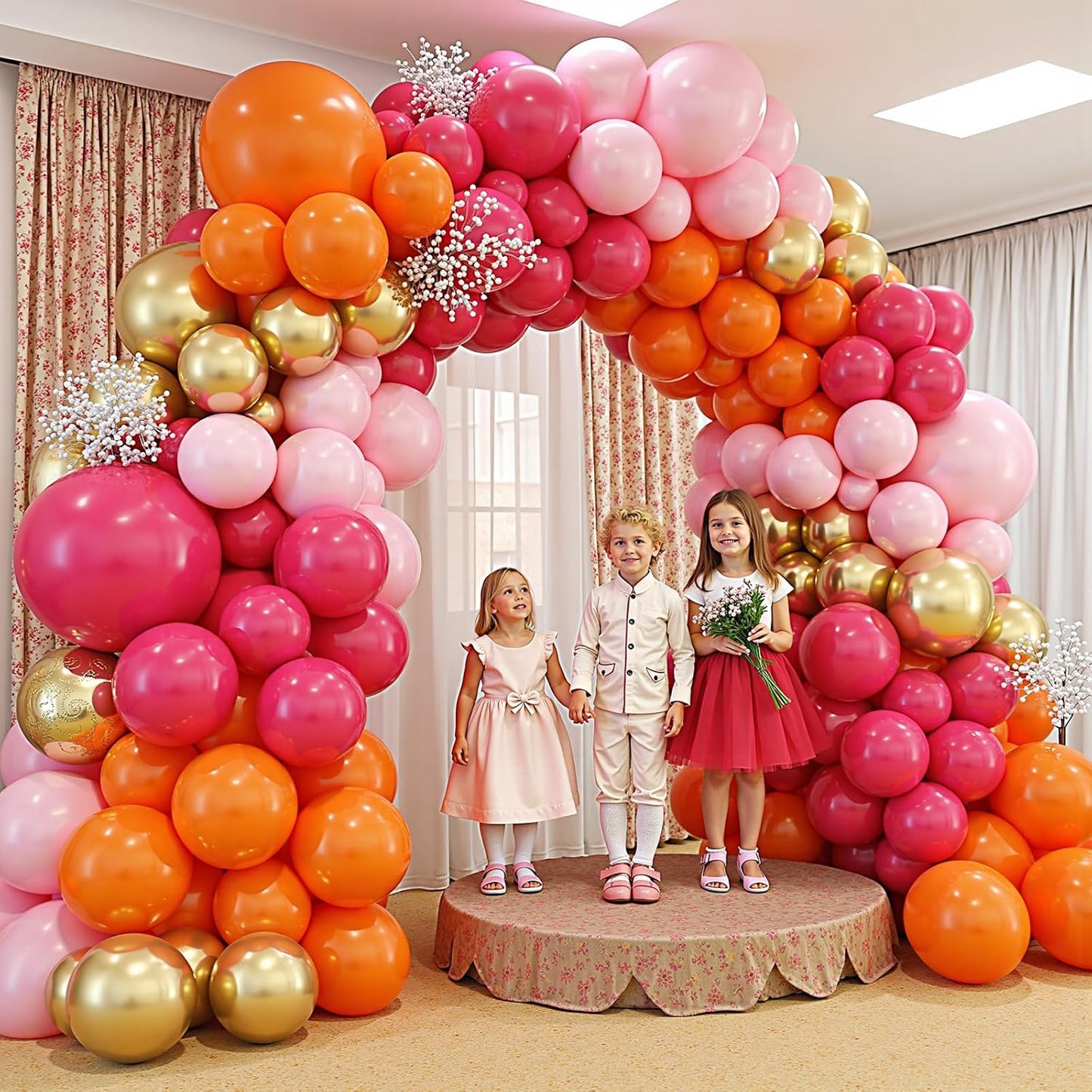 Pink and Orange Balloon Arch Kit,412Pcs Hot Pink Orange Metallic Gold Latex Balloon Garland kit 18 12 10 5 Inch Different Size Balloons for Birthday Wedding Tropical Summer Party Decorations