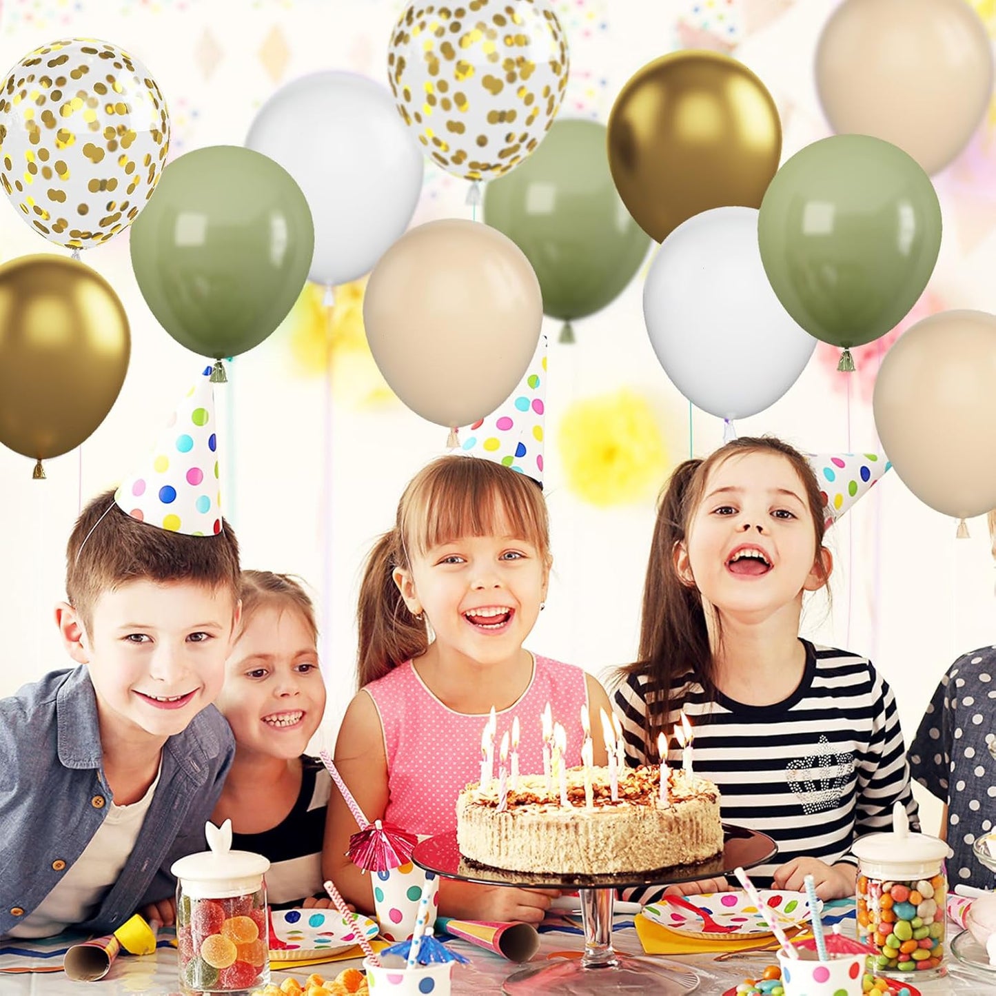 Green & Gold Balloons - 60 Pcs Sage Green & Apricot, 12 Inch Metallic Gold Confetti, Retro Green Latex for Baby Shower, Wedding, Birthday, Jungle Animal Theme Party Decorations