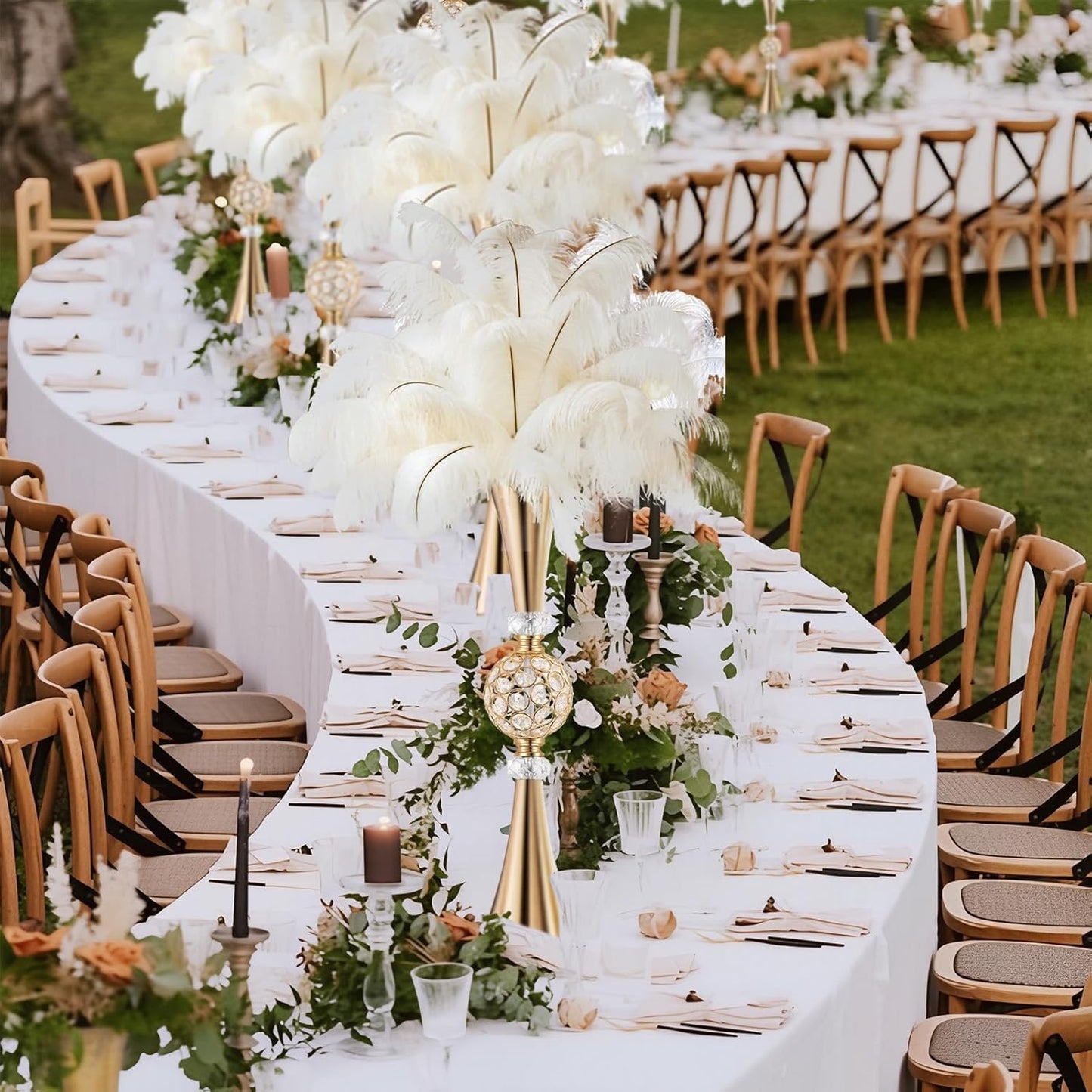 VIJIV Gold Crystal Flower Vases for Centerpieces Tables - Tall Trumpet Vase for Bouquet Decorative, Dining Table Décor Flower Stand with Ribbed Texture for Events, Bridal Showers & Boho Weddings