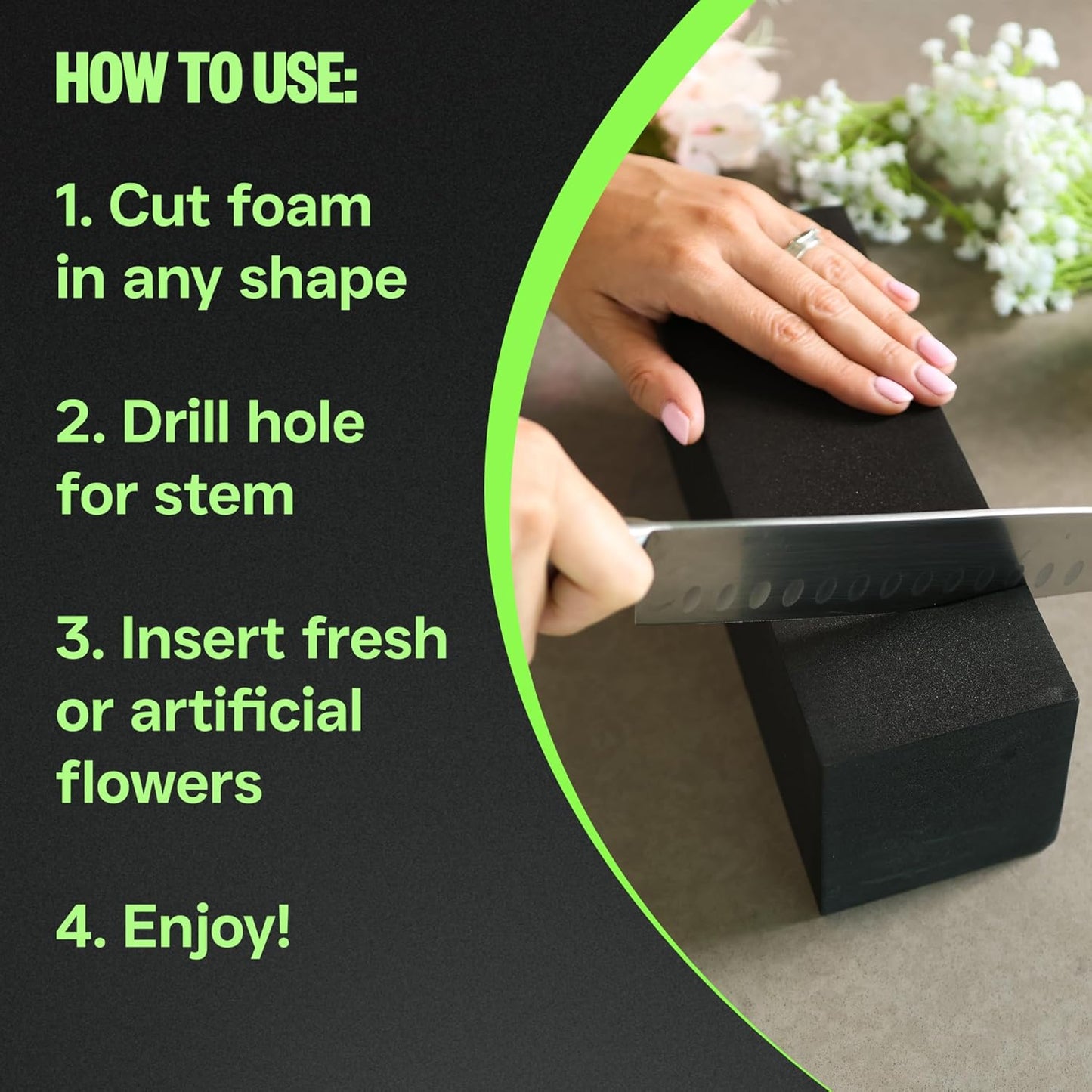 XCEL Floral Foam Blocks - Reusable, Weather Resistant Foam - Perfect for Fresh & Artificial Flower Arrangements, Crafts, Planter Boxes, Home Decor & More - 4-Pk, Black (9” x 3” x 3”)