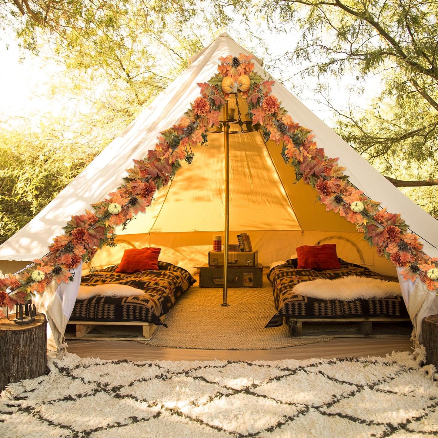 Artificial Fall Maple Leaves Garland Hanging Vine 6Ft Fake Pumpkin Pine Berries Autumn Decoration Garland Decor for Fireplace Home Doorway Party Indoor Outdoor