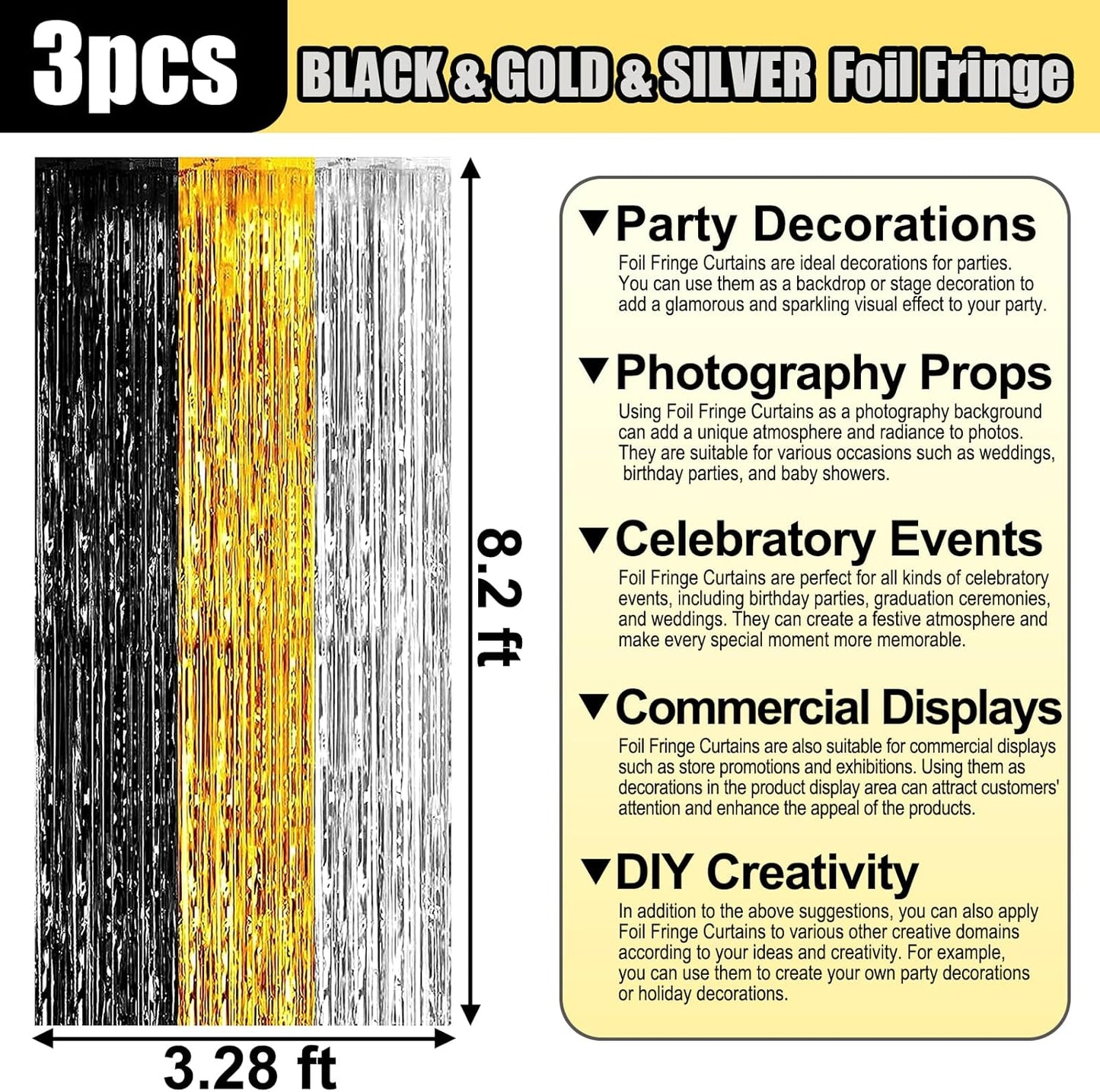 3 Pack Black Gold Silver Foil Fringe Curtain Backdrop, 3.28Ft x 8.2Ft Metallic Tinsel Foil Fringe Streamer Curtains for Photo Booth, Mother's Day, Easter, Birthday, Wedding Party Decorations