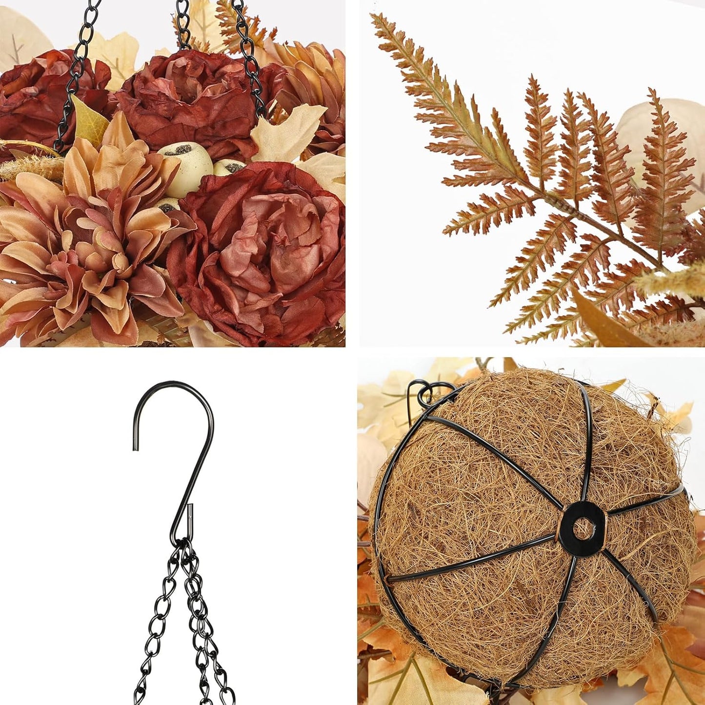 Hollyone Fall Hanging Baskets Peonies Artificial Flowers Fall Hanging Decor Peonies Flowers Faux Plants Baskets for Indoor Outdoor Fake Peony for Porch Patio Garden Autumn Decorations for Home