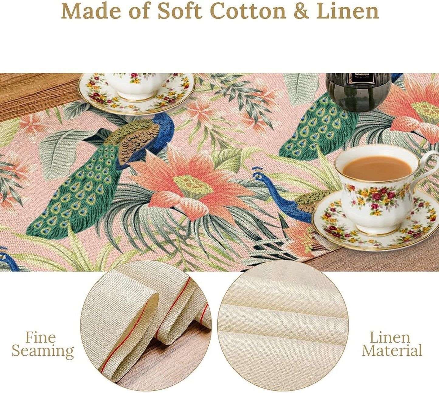 Peacock Table Runner,Pink Flower Peacock Birds Table Runner for Home Kitchen Dining Party Indoor Outdoor Decoration 13x108 Inch