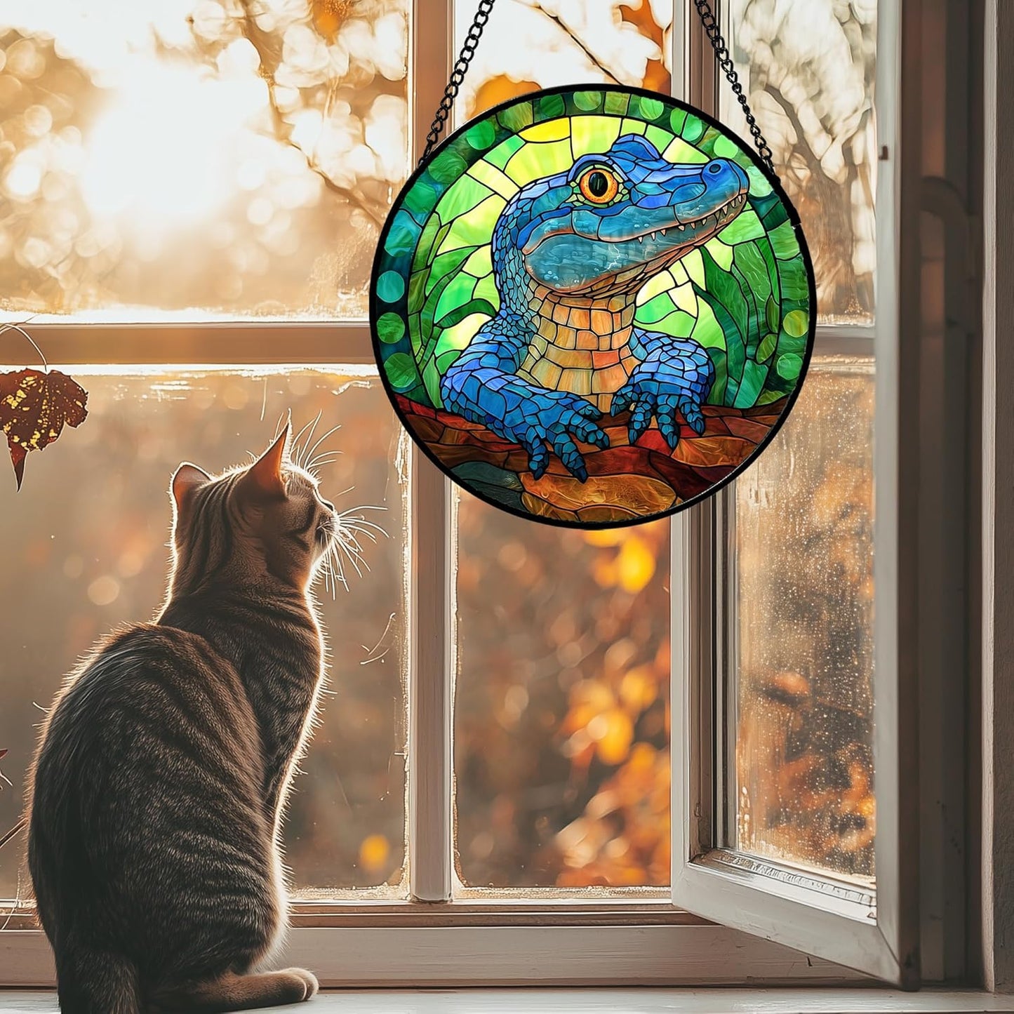 Stained Glass Window Hanging, Blue Alligator Sun Catcher for Window Door Home Decor Green Brown Suncatcher Christmas Mother's Day Birthday Gifts for Women Men Mom and Nana 7.8 in