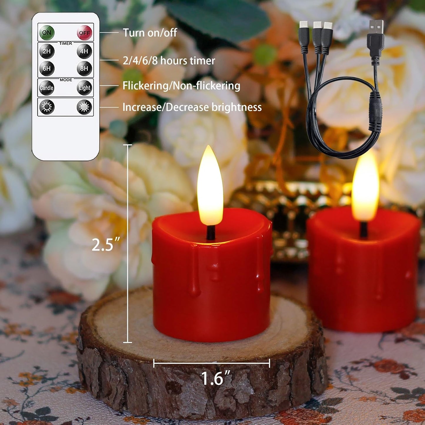 Rechargeable Flameless 1.6" x2.5" Tea Light Candles with Remote & Type-C Charging Cable, Timer LED Flickering Burgundy Plastic 6pcs Mini Dripping Wax Votive Tealight Candles
