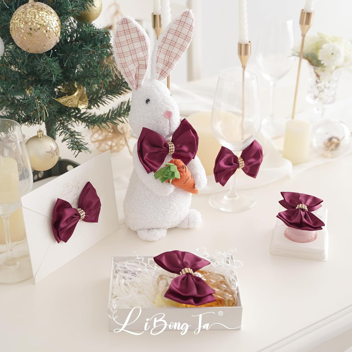 Dark Red Ribbon Bow 4'' Premade Satin Red Bows, Burgundy Gift Bows with Rhinestone, Wrapping Bows for Presents, Greeting Cards, Treat Bags, Valentines Bows for Gift Wrapping-12 Counts