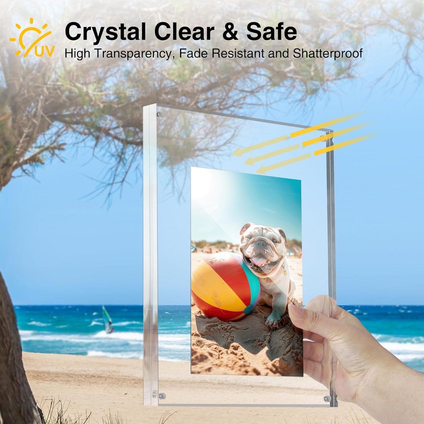 HOUSE DAY Acrylic Picture Frames 5x7, 1 Pack Magnetic 5x7 Picture Frame, Double Sided Clear 5 x 7 Photo Frame with Microfiber Cloth, Frameless FreeStanding 5x7 Frame Gift for Desktop Display