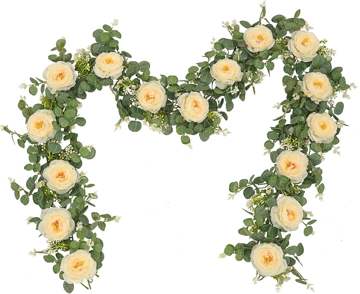 Dolicer 2Pcs 13Ft Artificial Eucalyptus Garlands with Flowers, Faux Floral Greenery Garlands Fake Flowers Vines for Wedding Centerpieces Arch Party Ceremony Backdrop Decor (Champagne)