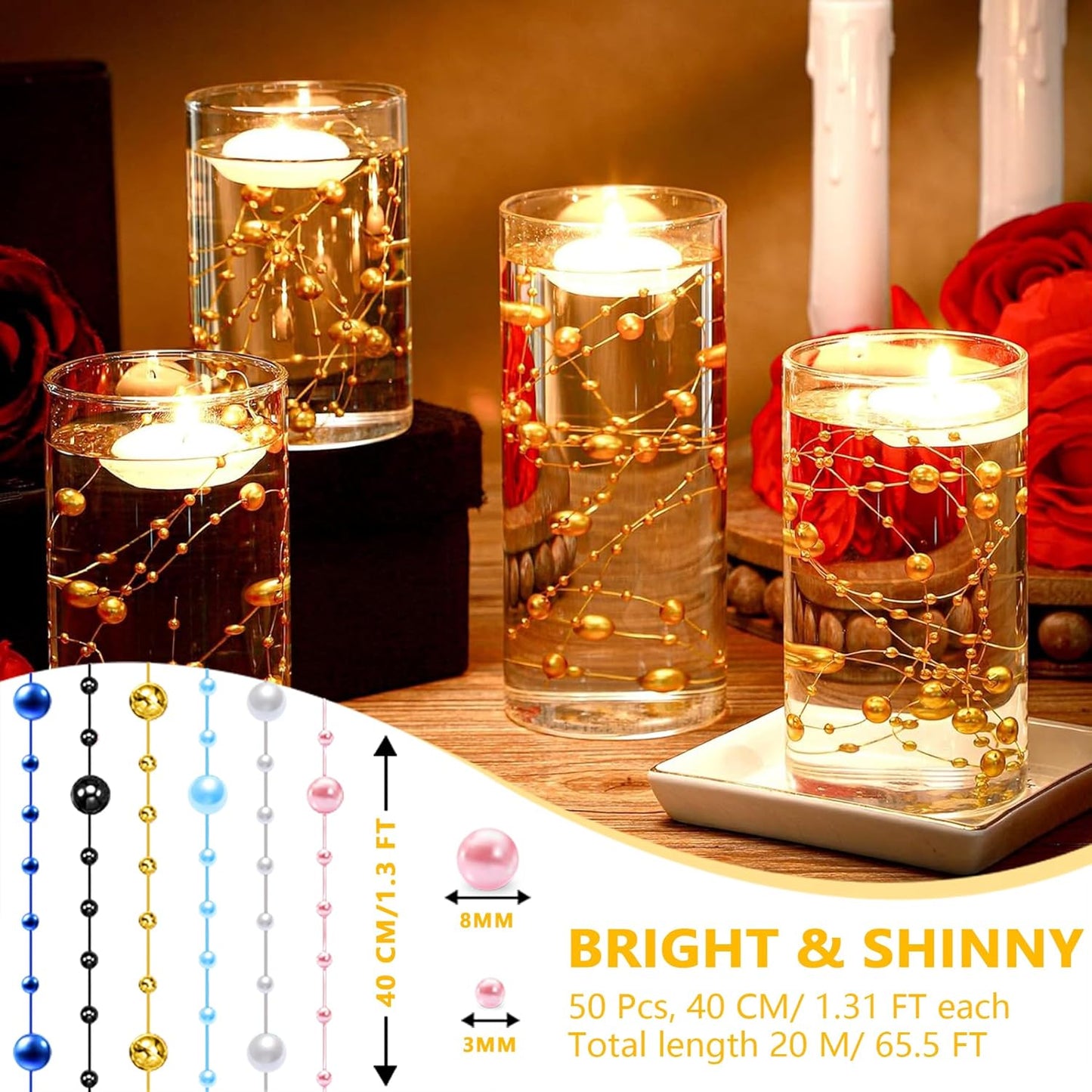 50 PCS Artificial Floating Beads for Centerpieces Vases, Rosered 8+3mm String Beads for Wedding Party Faux Pearl String for Decorating, String Pearls for Crafts Vase Filler