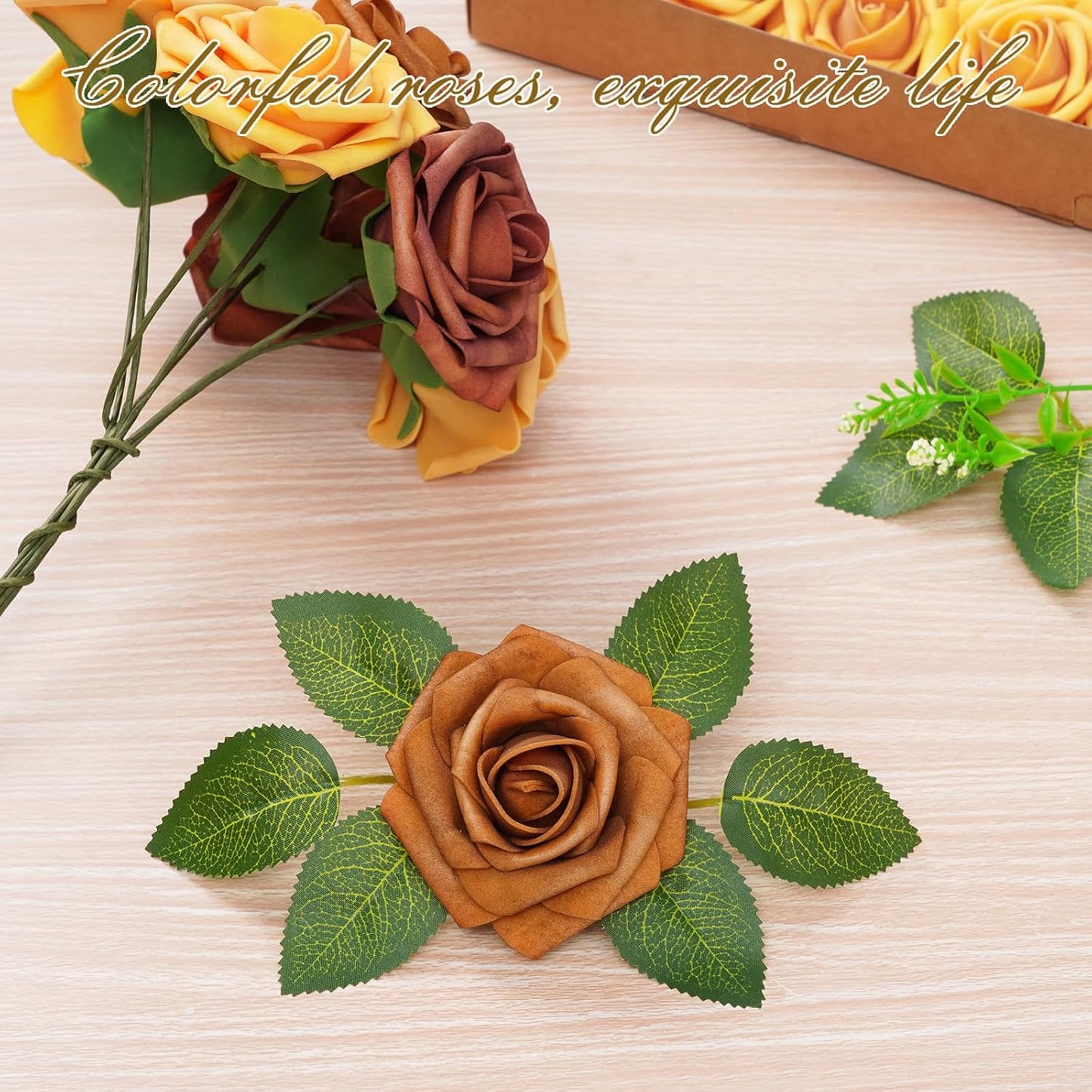 BLEUM CADE 16Pcs Artificial Flowers Fake Roses with Stems, Gradient Burnt Orange Boxed Foam Roses for DIY Bouquets Centerpieces Wedding Party Arrangement Bridal Shower Decor