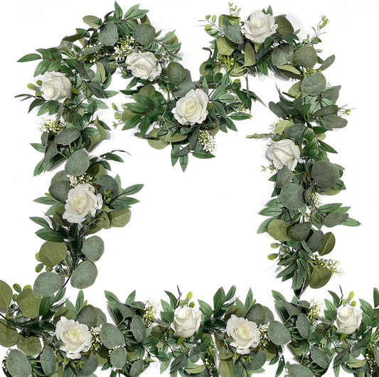 2 Pack 13Ft Artificial Eucalyptus Flower Garland with White Roses, Fake Rose Flower Greenery Garland Floral Vines for Wedding Home Party Table Runner Decor (White)