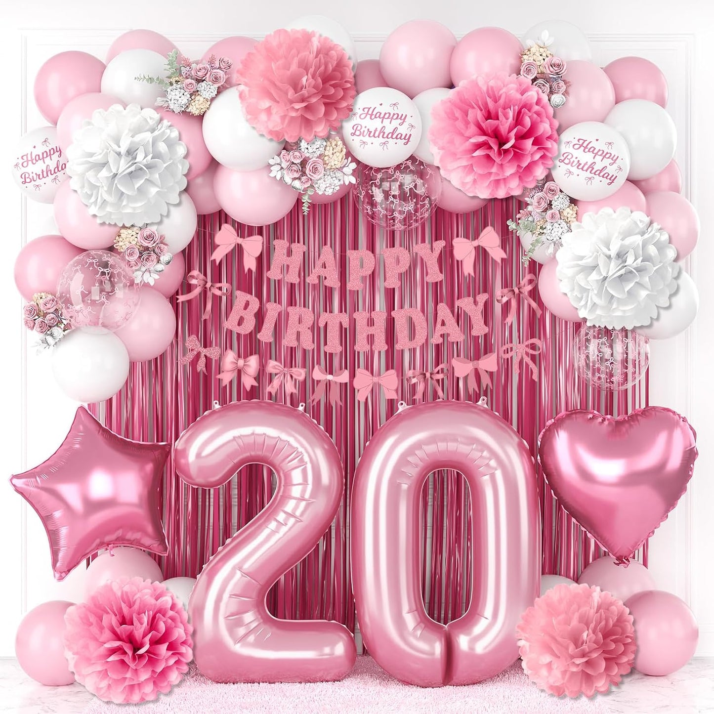 20th Birthday Decorations for Girls Pink Number 20 Balloon Bow Coquette Happy Birthday Banner Fringe Curtain Paper Pom Poms Star Heart Foil Pink White Balloons 20 Year Old Party Decor for Her