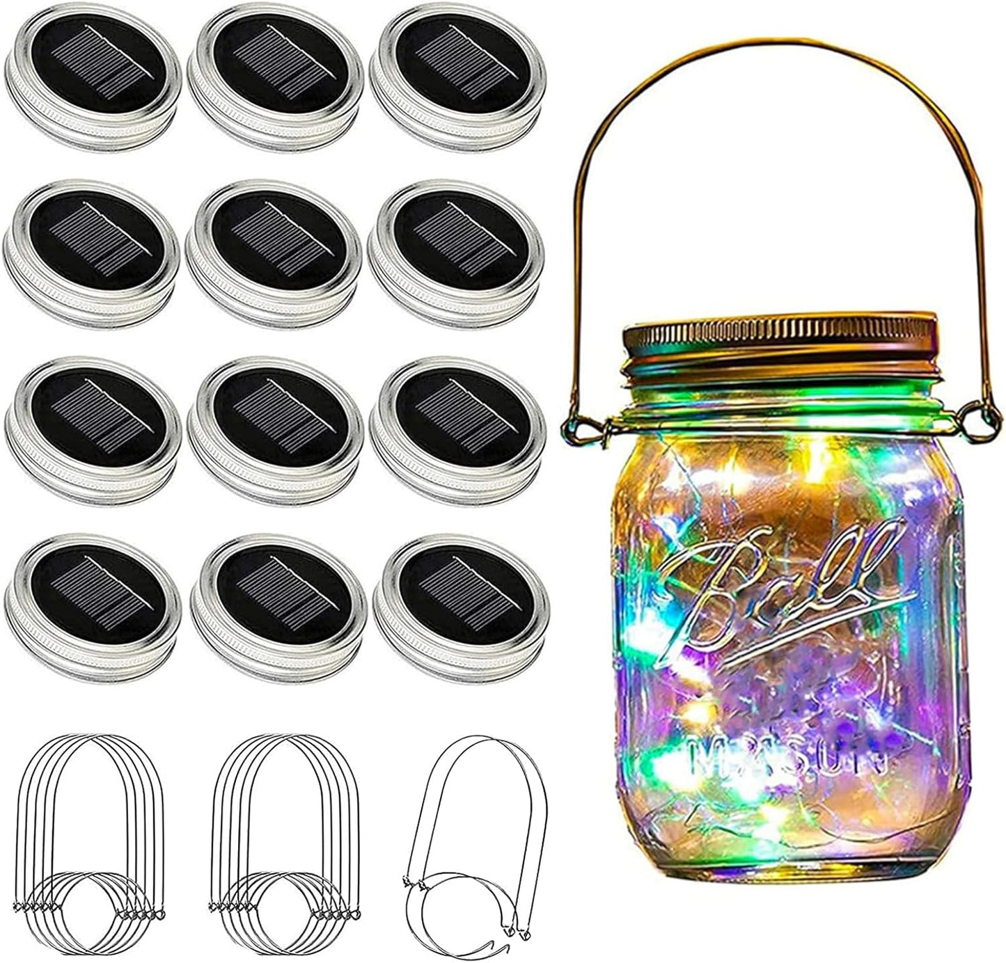 VOOKRY 12 Pack Solar Mason Jar Lights, 30 LED Mason Jar Lids Waterproof Firefly Fairy String Lights with 12 Hangers(No Jars), for Outdoor Patio Garden Yard Lawn Party Wedding Decoration - Multicolor