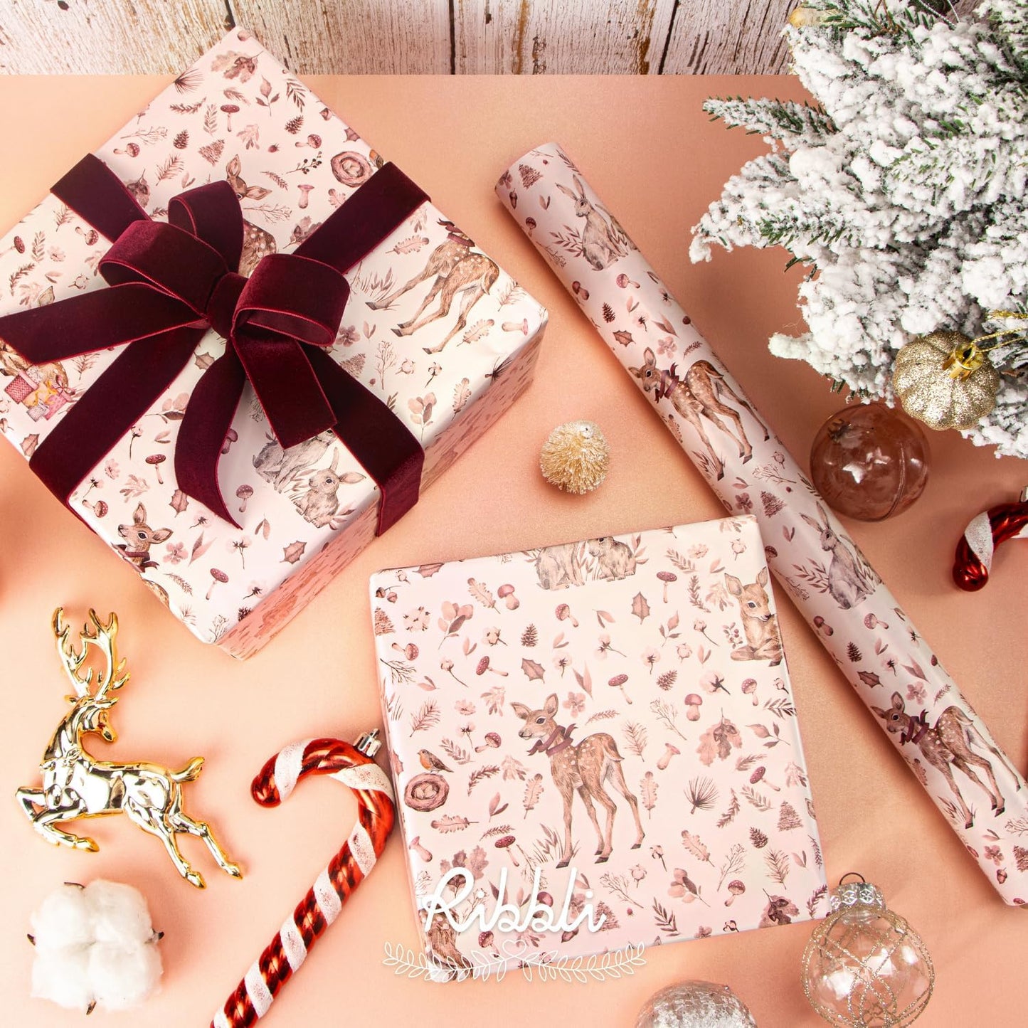 Ribbli Pink Christmas Wrapping Paper Rolls,Mini Roll-17 Inch x 33 Feet-Christmas Woods