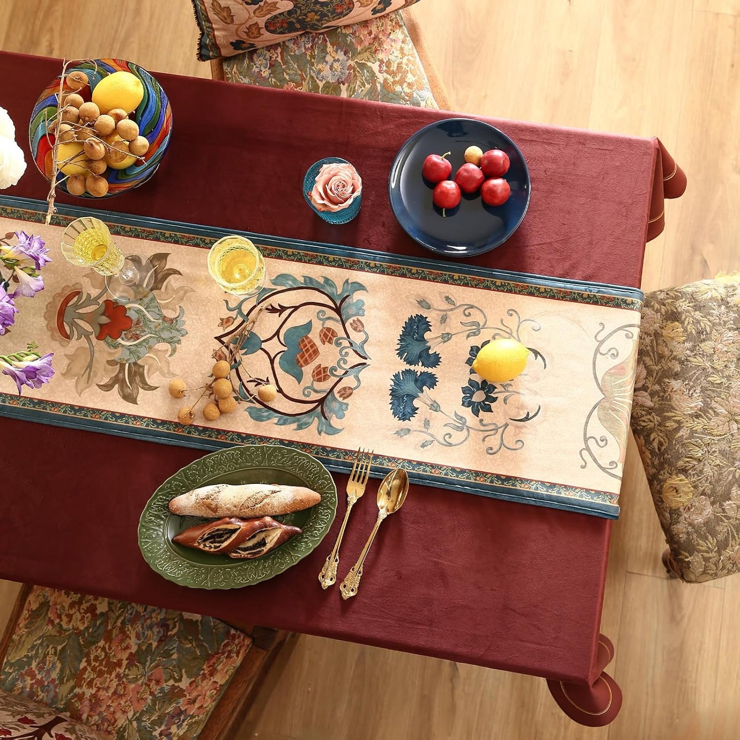 patdrea Designer Casual Wild Floral Velvet Table Runner 87 Inch Long, Brown Occult Bouquets Pattern Table Mat, Decoration for Kitchen Dining Coffee Table Cabinet Banquet Thanksgiving,12"*87"