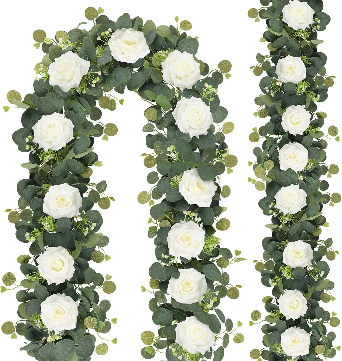 MACTING 2 Pack 13.2FT Flower Garland with 24 White Roses - Spring Gypsophila Eucalyptus Garlands Artificial Floral Greenery Vines for Arch Table Centerpieces Backdrop Party Home Wedding Decorations