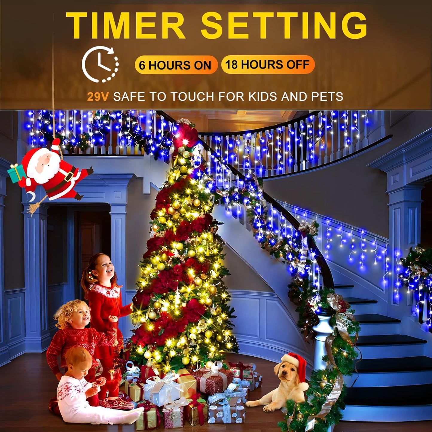 KNONEW Christmas Lights Outdoor Decorations 400 LED 33ft 8 Modes Curtain Fairy String Light with 75 Drops, Clear Wire LED String Light Indoor Decor for Wedding Party Christmas (Blue and White)