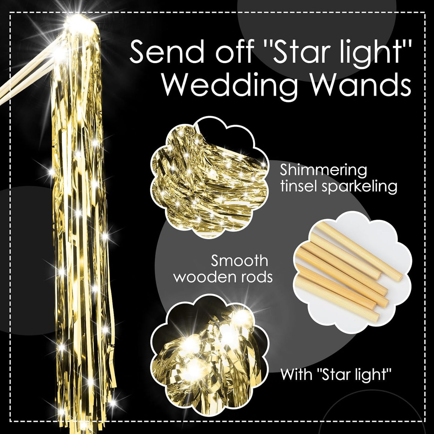 100 Pcs Lighted Wedding Wands LED Tinsel Wands Light up Streamers Sparklers for Wedding Send Off and Exits Birthday Party Props Favors(Gold)