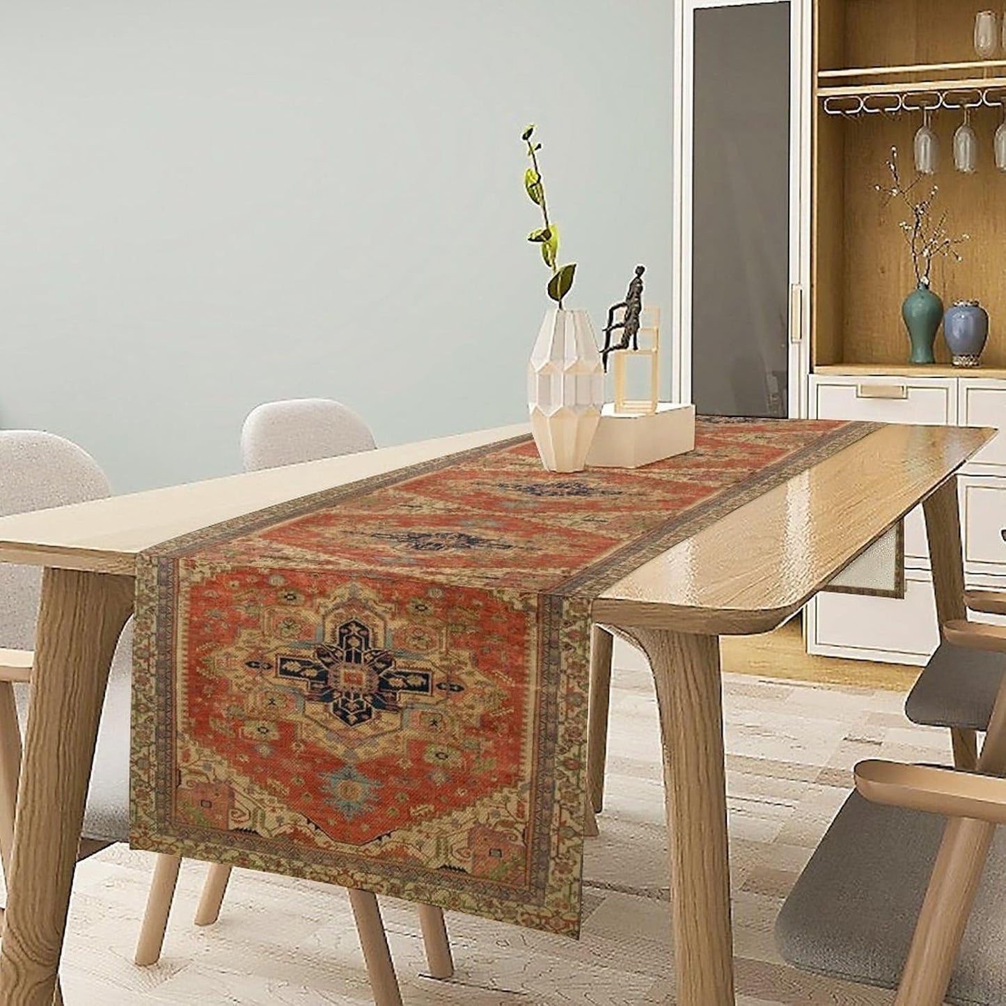 Vintage Boho Floral Table Runner, Rustic Country Farmhouse Orange Yellow Grey Retro Flower Pattern for Home Kitchen Table Decor Dining Coffee Room Party Decor 13x60in