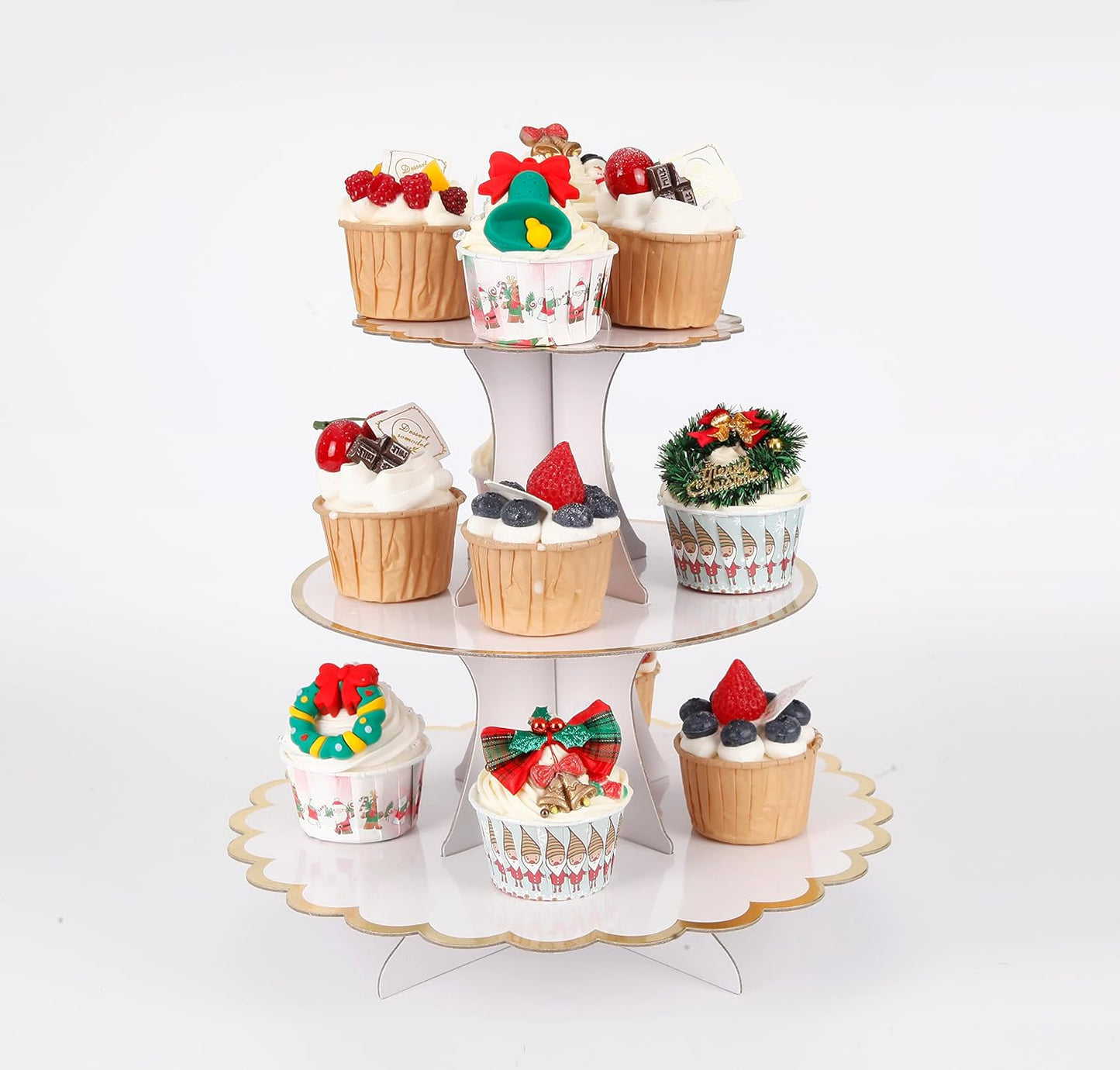 3-Tier Cupcake Stand, Lace Trim Cake Stand Holder, Tiered DIY Cupcake Stand Tower for Dessert Table Displays, Birthday Theme Party Favors Decoration, Floral Tea Party, 12" W x 12.8" H, White