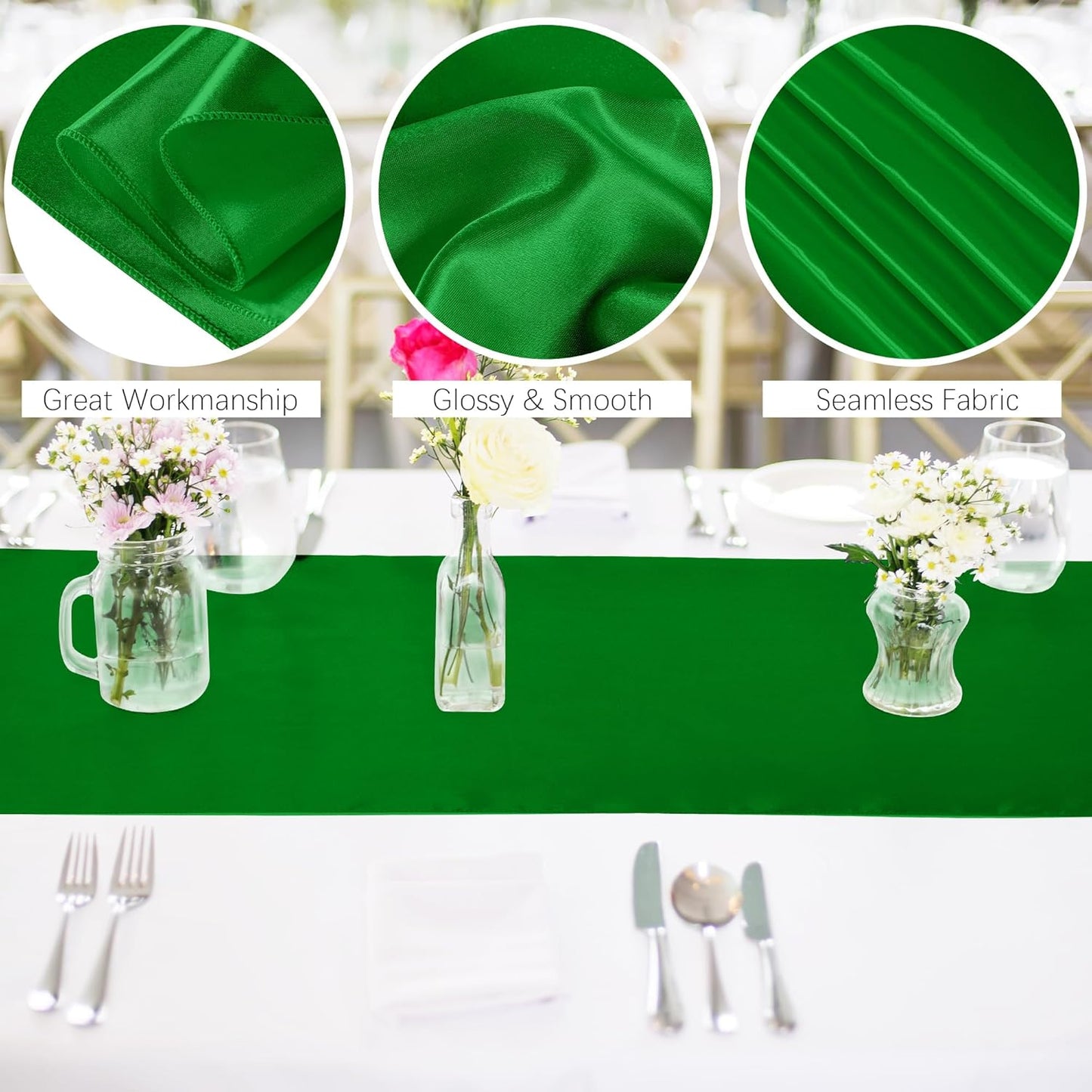 Aneco Satin 12 Pack Table Runner 12 x 108 Inch Emerald Long Wedding Satin Silk Table Runner for Wedding Banquet Graduations Birthday Party Decoration