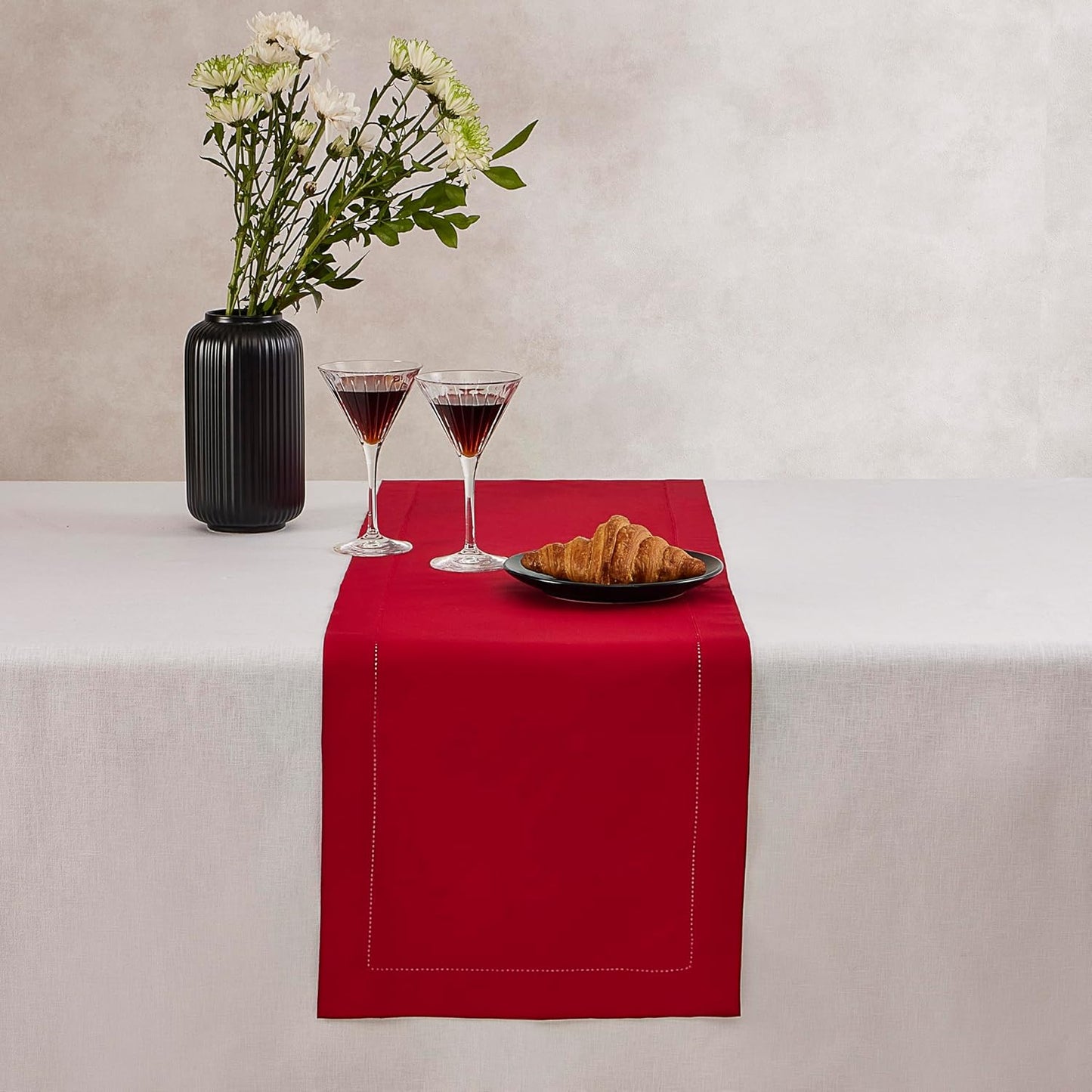 Cotton Linen Table Runner 120 Inches Long – Farmhouse Red Table Runner for Thanksgiving, Christmas, Winter, New Year – Washable Hemstitch Fabric Ideal for Gifting – Serena