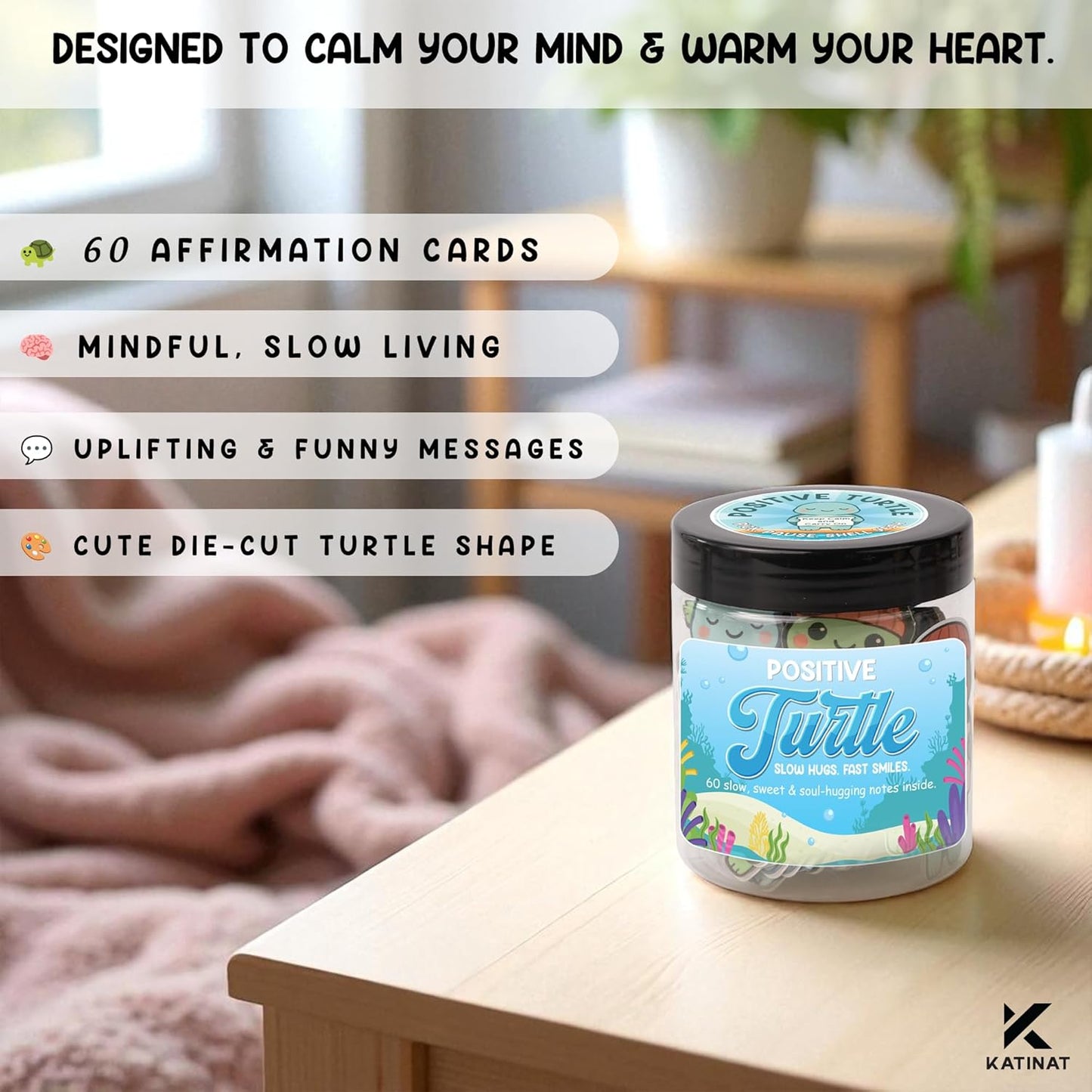 Positive Turtle Jar – 60 Funny Emotional Support Affirmation Cards, Sea Turtle Gifts for Women, Teens, Tweens, Girls, Turtle Decor, Trendy Teen Girl Stuff, Back to School Gifts, Teachers Gift