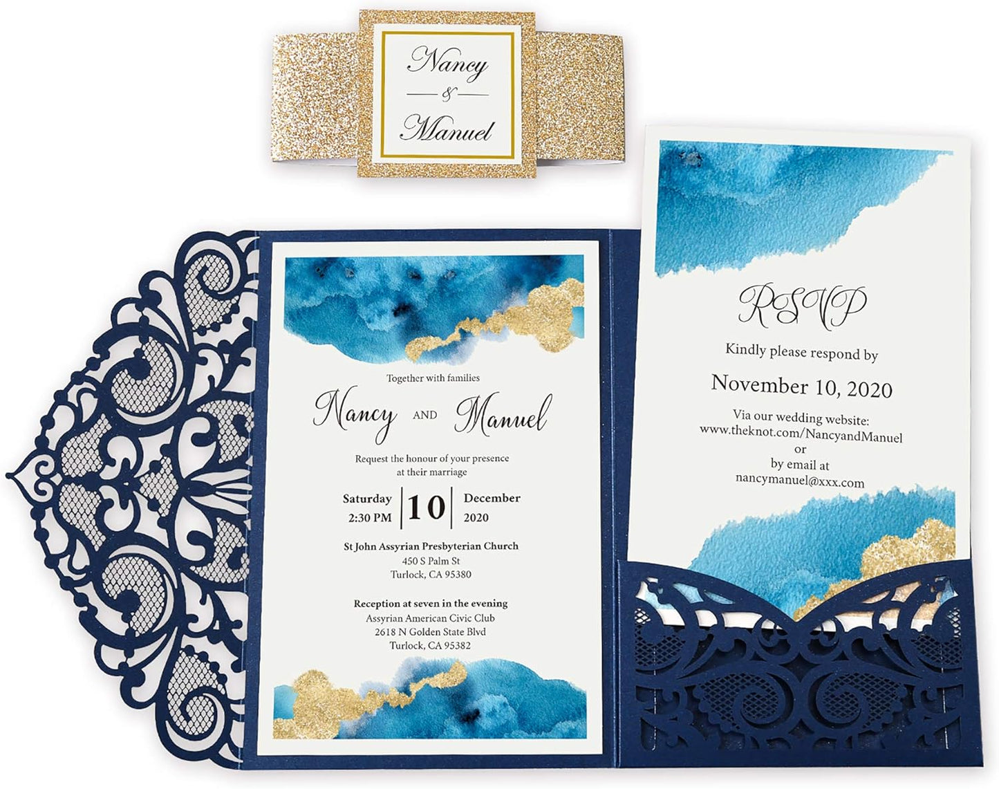 DORIS HOME 50PCS Laser Cut Wedding Invitations with Envelopes and RSVP Cards BLANK Inner With Gold Glitter Belly Band for Wedding Engagement Bridal Shower Party Invite 4.7x7 Inch Navy Blue