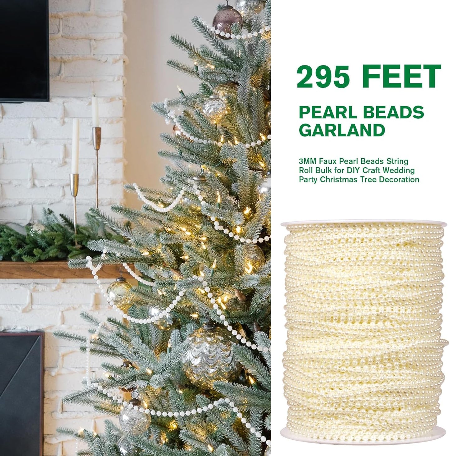 [295Feet] Pearl Beads Garland, 3MM 98 Yards Faux Pearl Beads String Roll Bulk for DIY Craft Wedding Party Christmas Tree Decoration