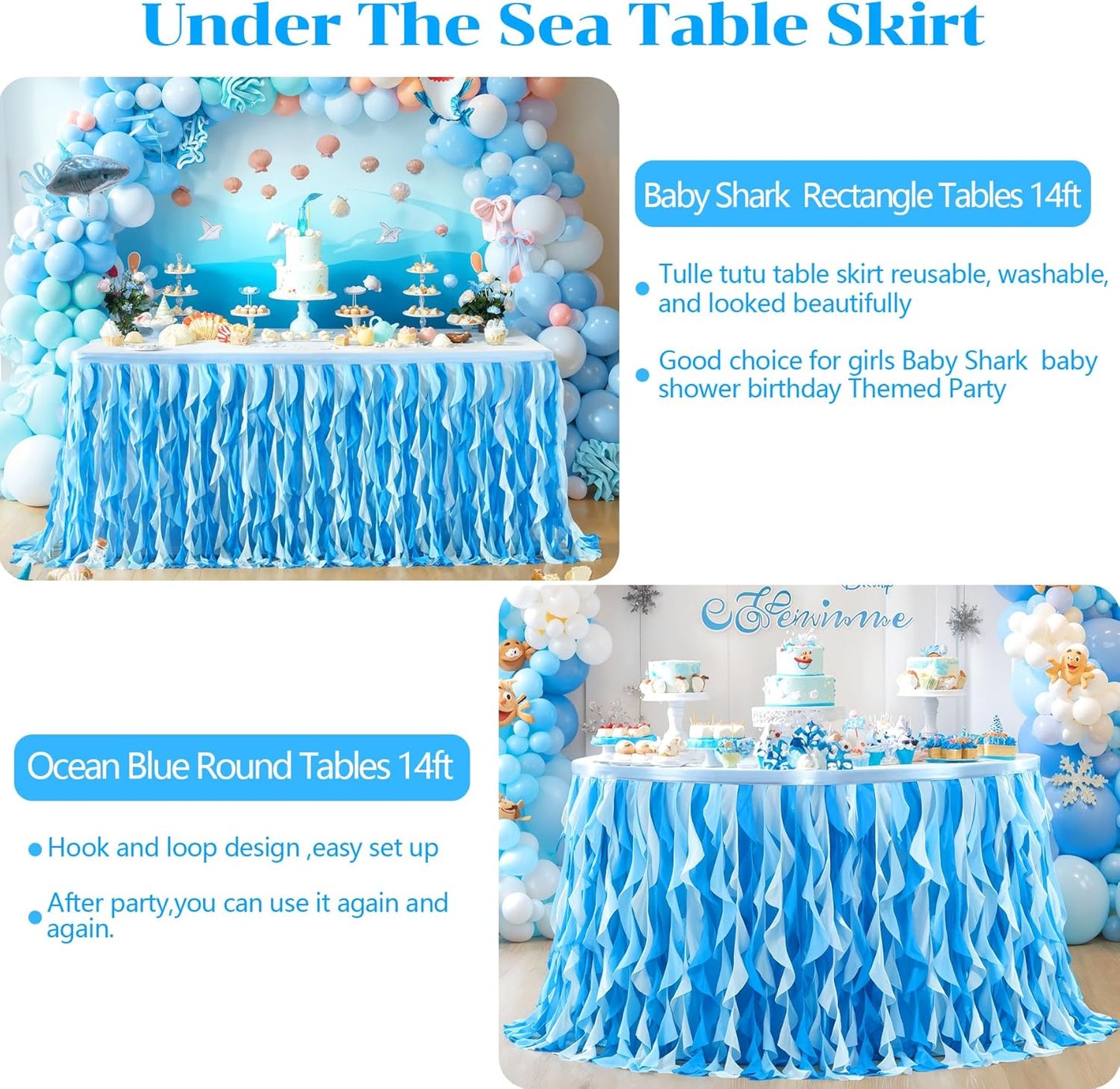 Partisky Ocean Blue Tulle Tutu Ruffle Curly Willow Table Skirt for Rectangle Table 14ft,Under The Sea Baby Shark Themed Table Cloth for Boys Girls Birthday Party or Baby Shower